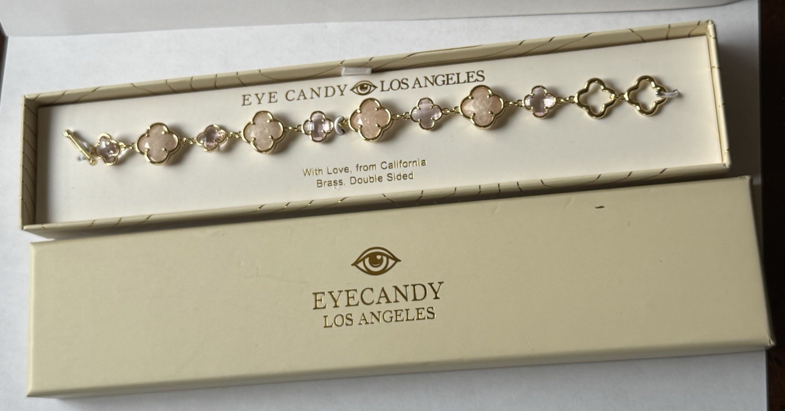 Eyecandy Los Angeles Pink Clover Brass Double-Sided Bracelet New