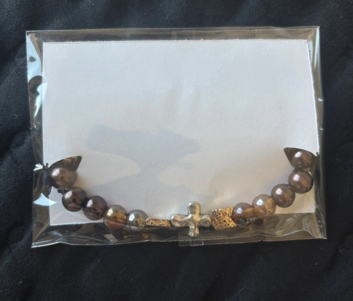 Brown Round Beaded Bracelet with Dangle Cross Charm, Religious Theme