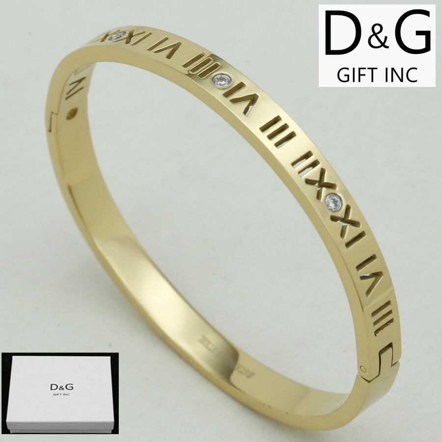 DG Women Stainless Steel 6.5″ Roman-Numeral Cubic Zircoia Bangle Gold plated*Box