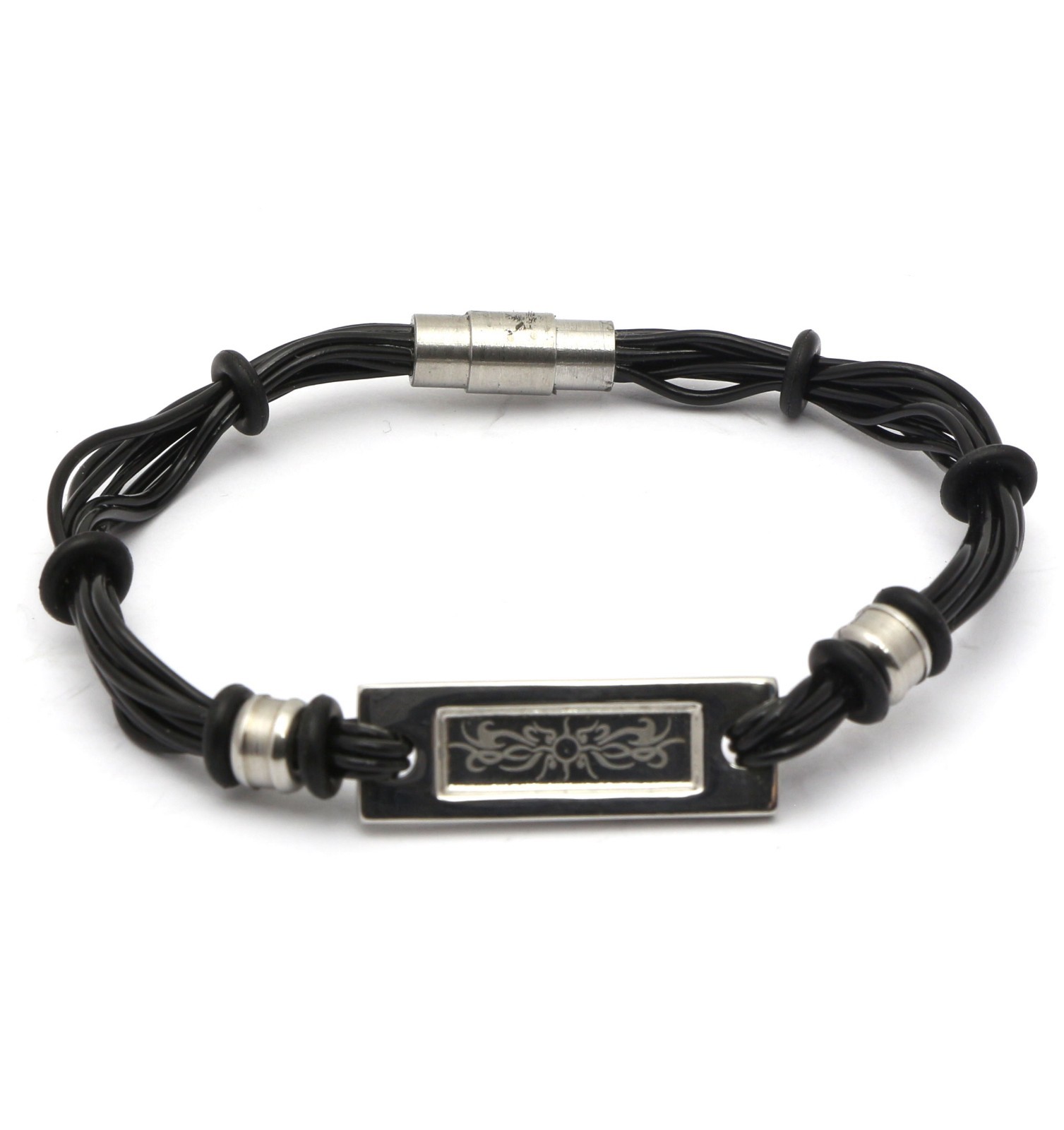Black Flexible Wire Bracelet with Stainless Steel Floral Spiral Pattern Design