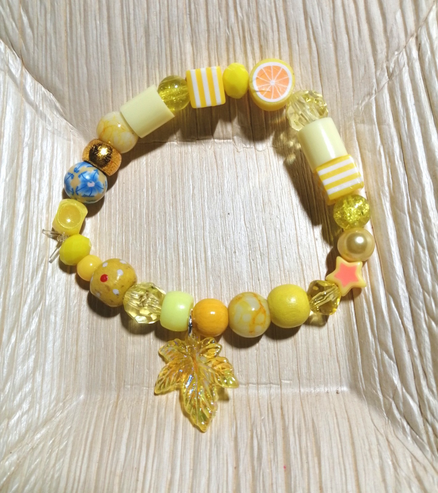 Boho Hippie Yellow Random Mixed Bead Bracelet With Leaf Dangle Charm