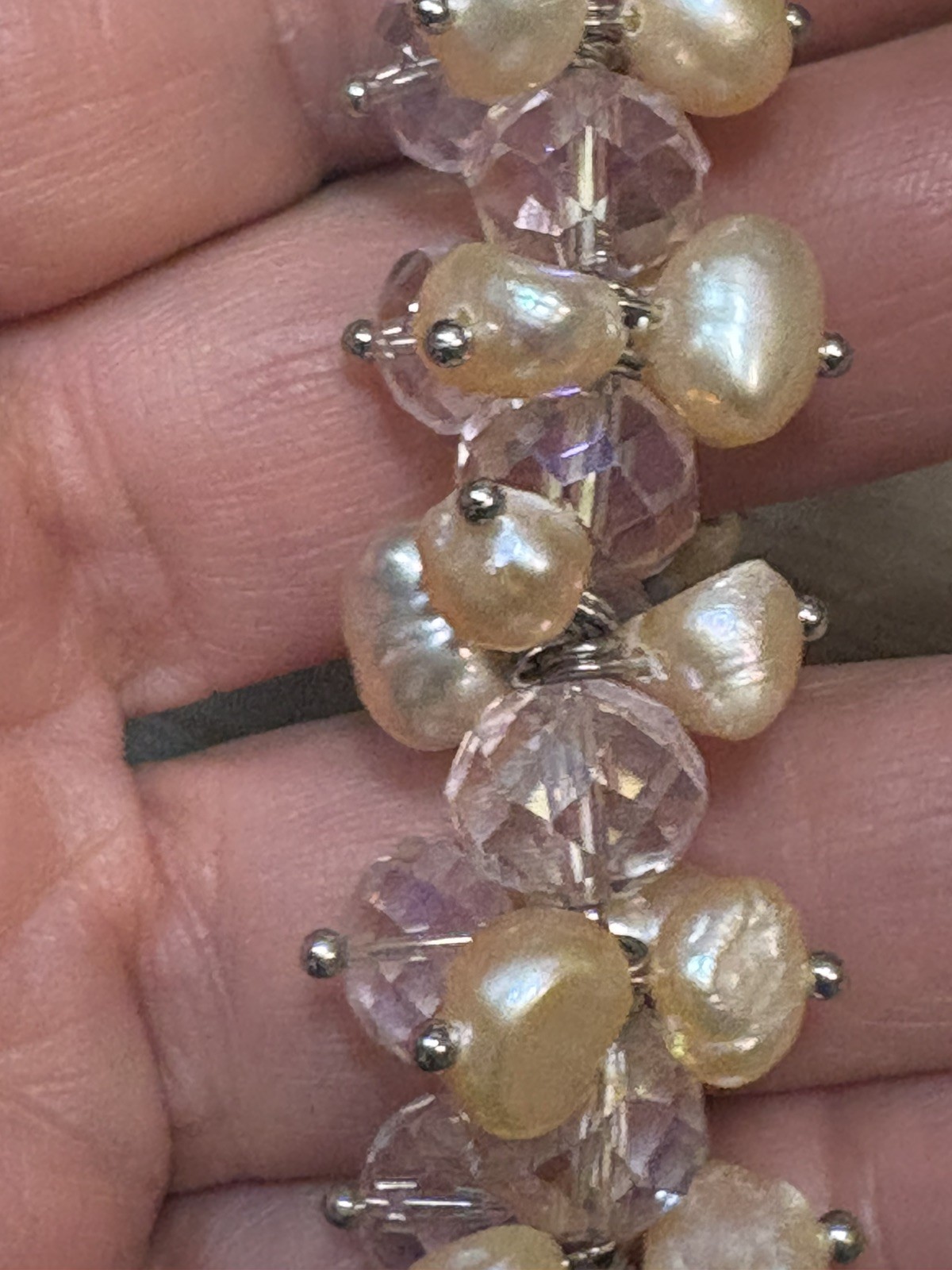 Real Freshwater Peach Pearl & Faceted Pink Crystal Cluster Stretch Bracelet EUC