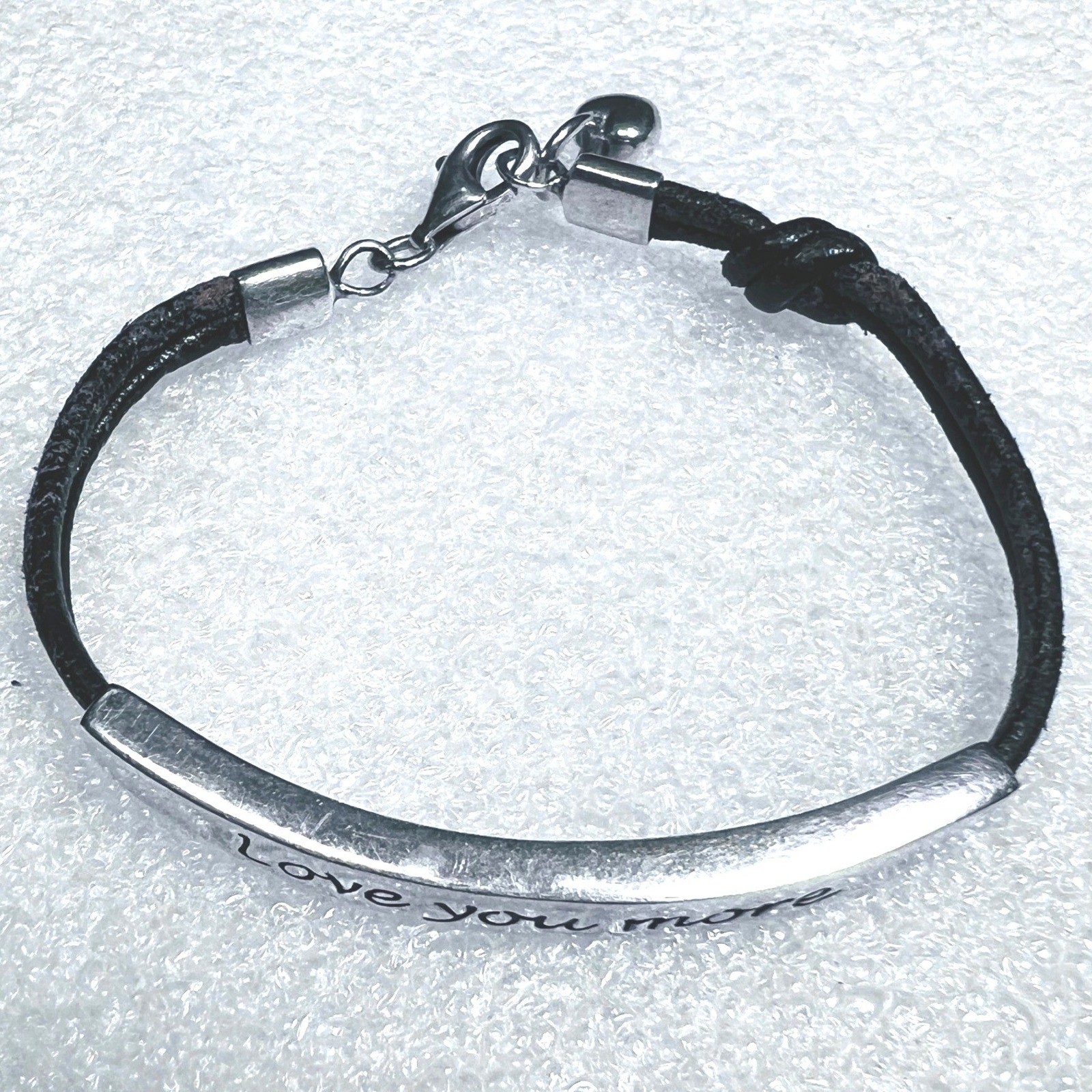 Sterling Silver Bar Bracelet Leather Cord Heart Charm Engraved Love You More SEE