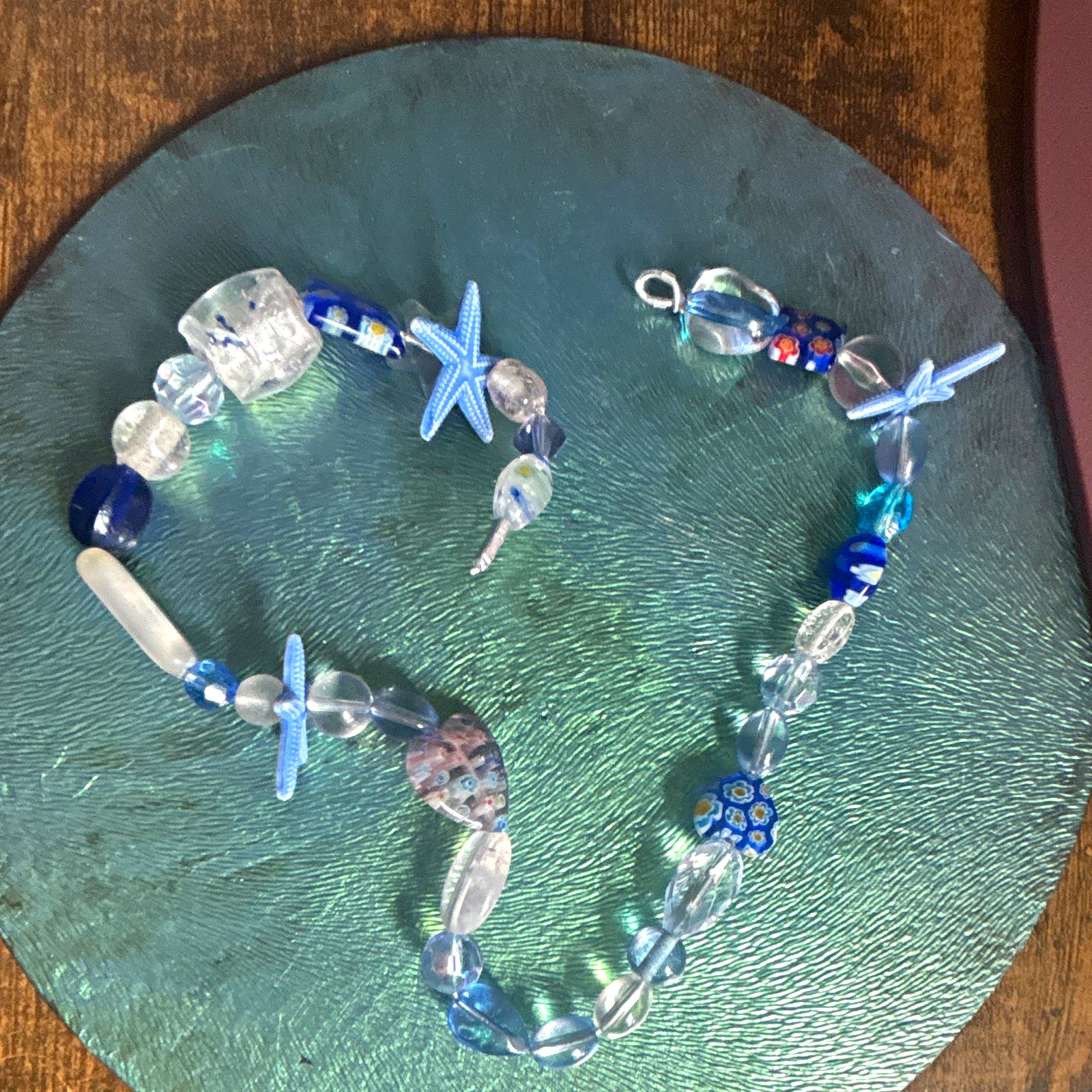 Handmade Blue & Clear Glass Beaded Starfish Dangle Charm Bracelet Hook