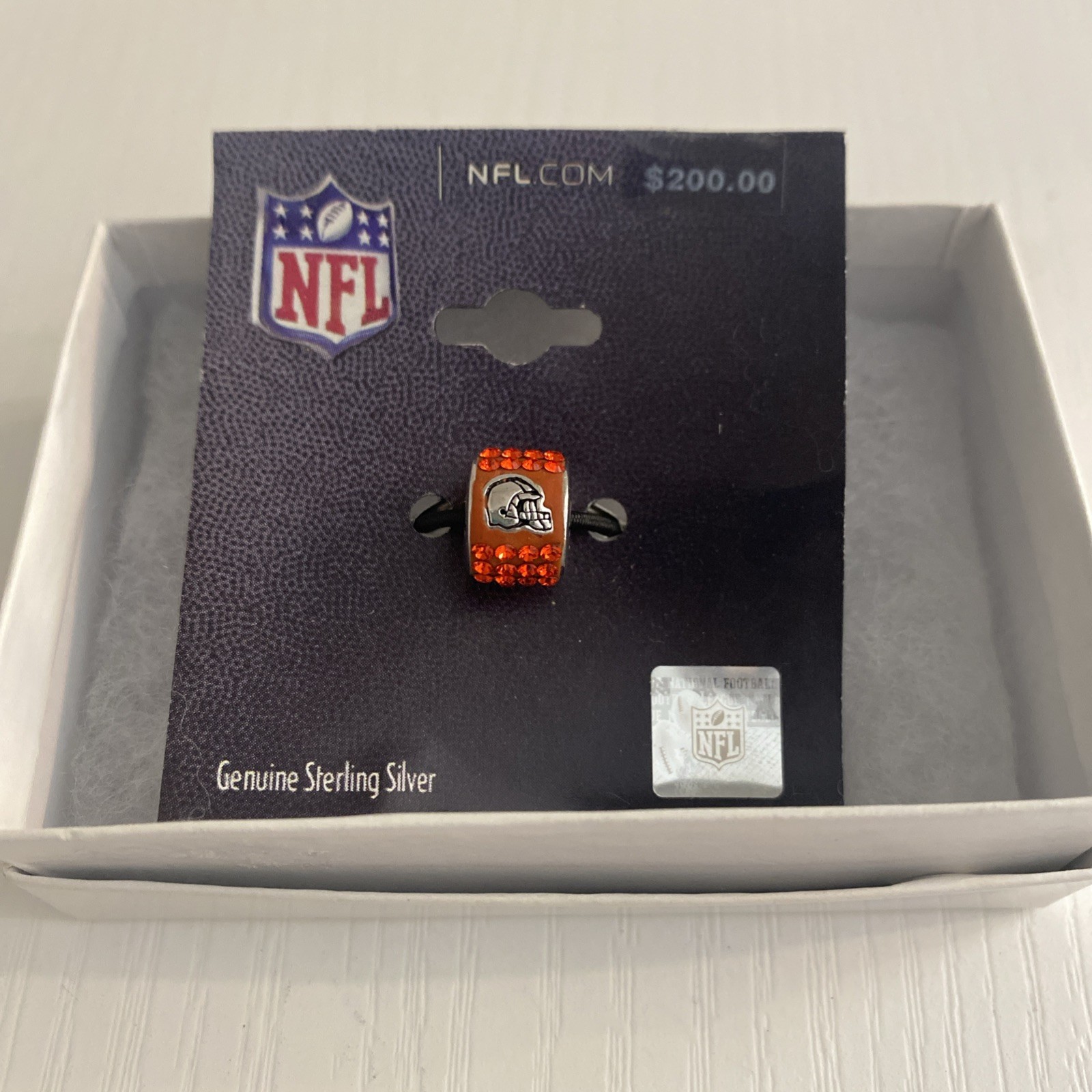 NFL Football Sterling Silver Bead With Orange Crystals, Sterling Silver BROWNS
