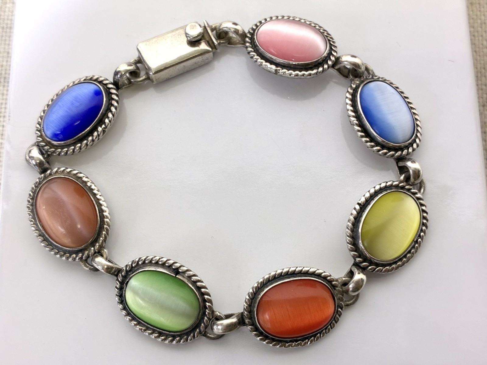 925 Sterling Silver Mexico Multicolor Cat Eye Link Bracelet 7.5” Colorful
