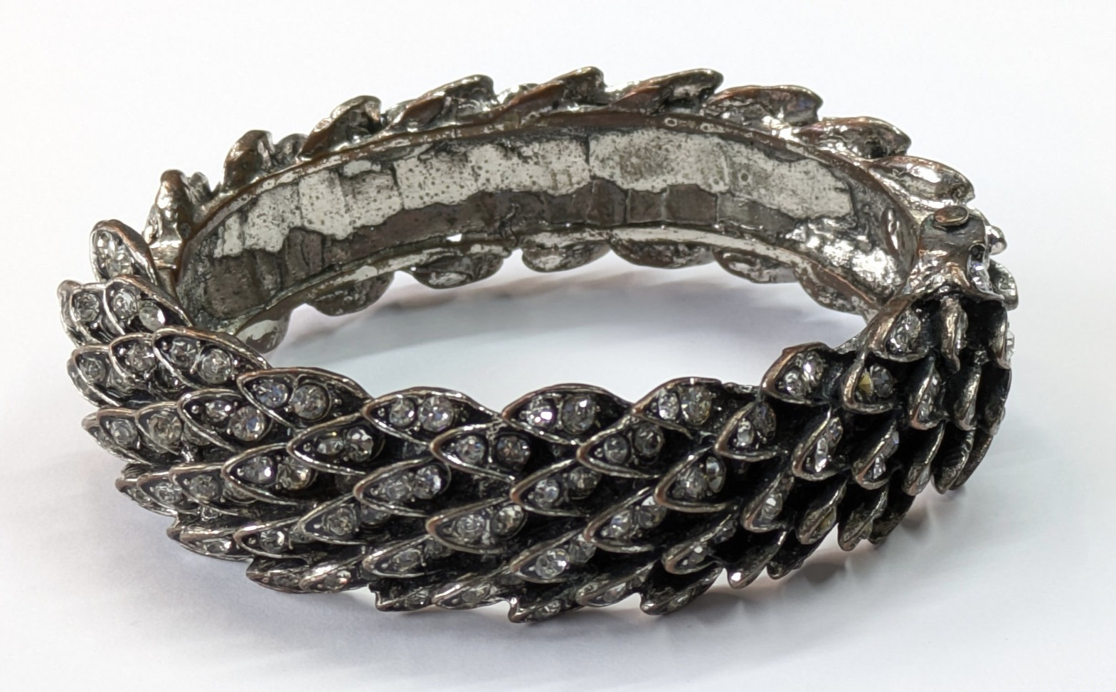 Silver Tone Dragon Scale Feather Rhinestone Statement Hinged Bangle Bracelet