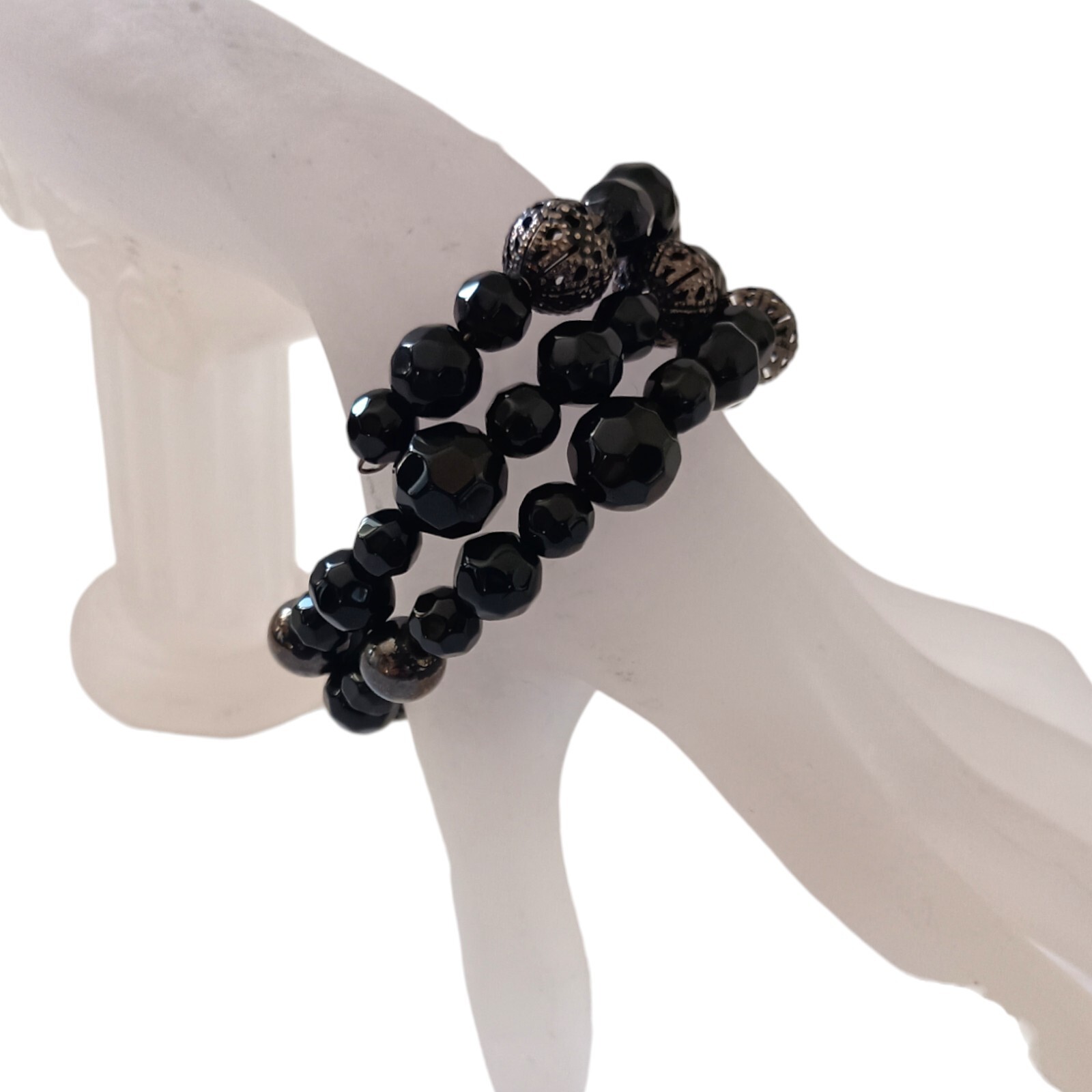 Black Glass Beaded Memory Wire Wrap Bracelet Multi Strand Stretch Boho Gothic