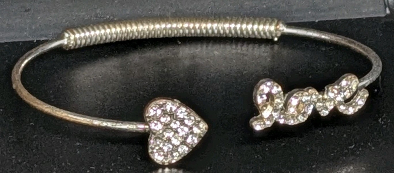 Bangle Bracelet Silver Toned Metal Love Heart Colorless/White Stones Womens