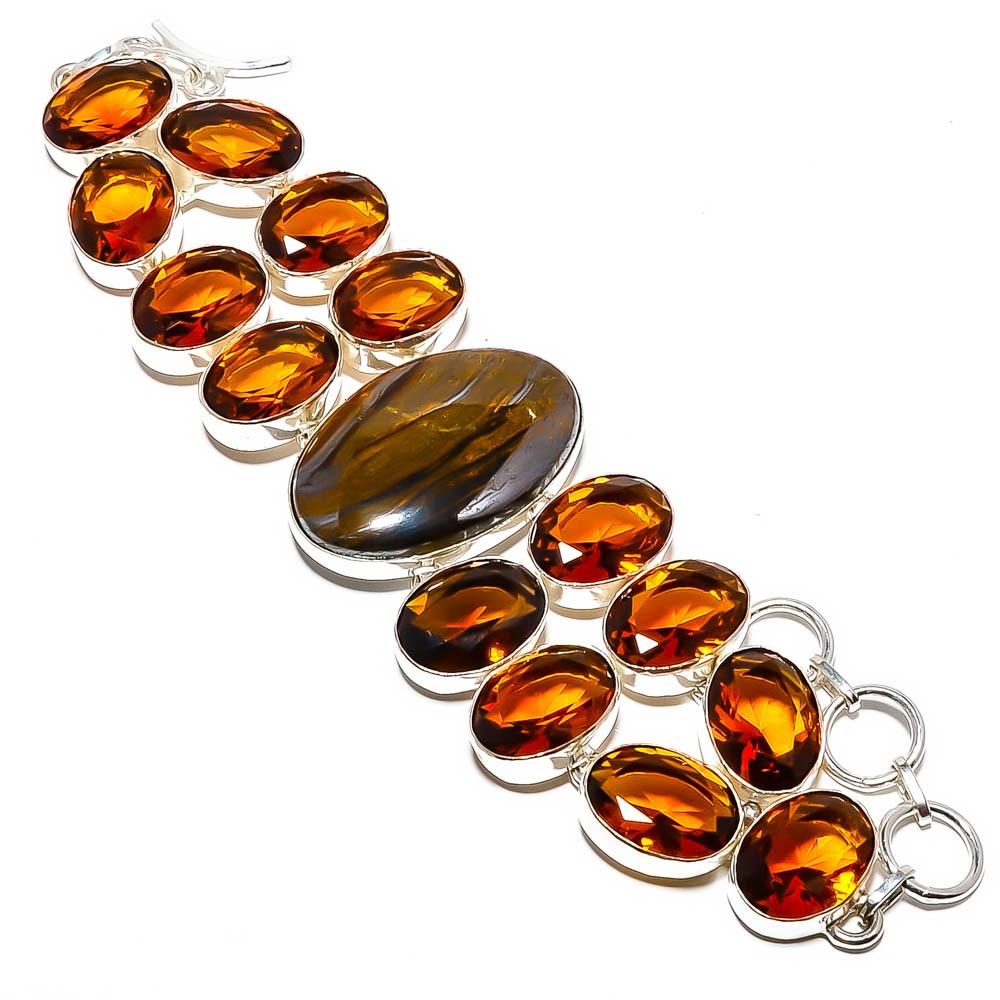 Natural Iron Tigers Eye & Citrine Gemstone 925 Silver Bracelet 7.99″ M1476