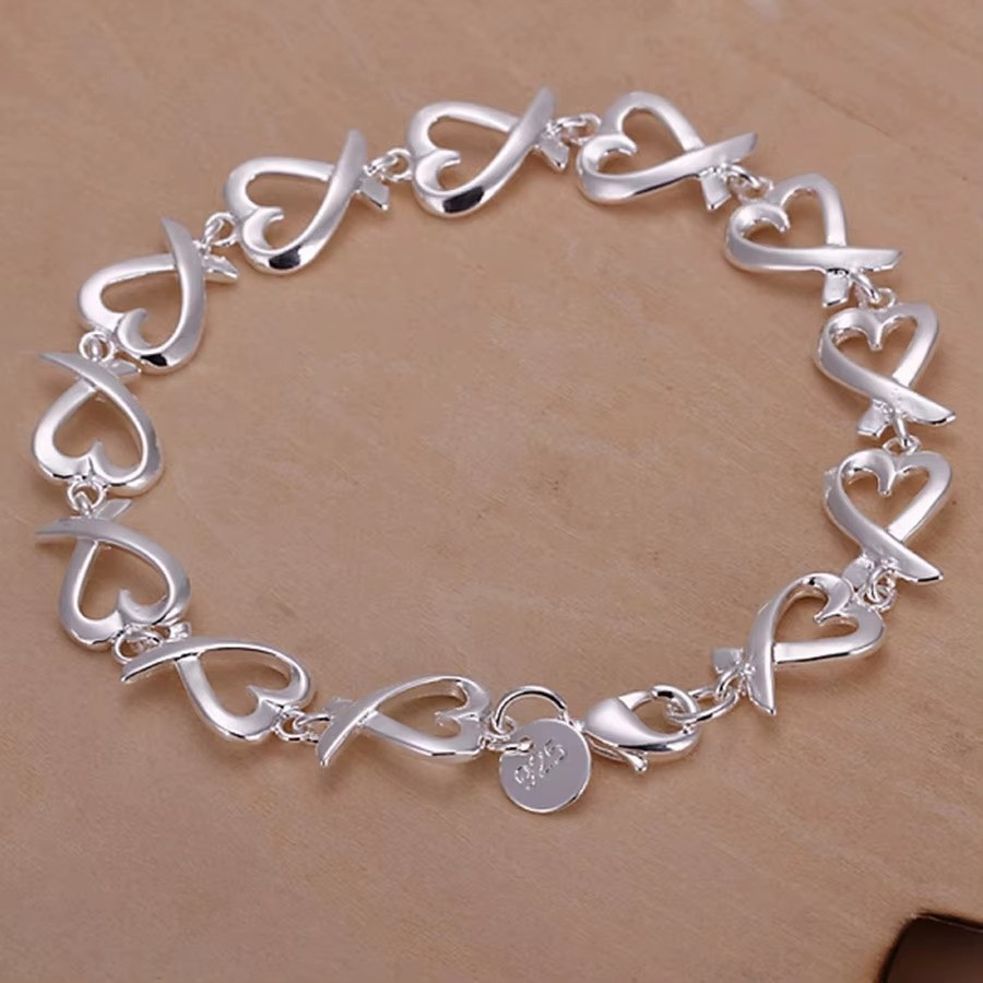 925 Sterling Silver Charm Heart Thick Chain Women Bracelet Fashion Jewelry