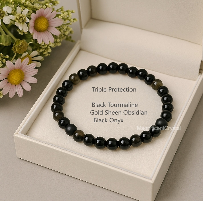 6mm Triple Protection Bracelet Black Tourmaline Gold Sheen Obsidian Black Onyx
