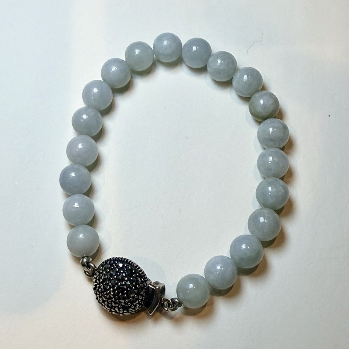 Vintage Thailand Sterling Silver 925 Marcasite Clasp Natural Jade Bead Bracelet