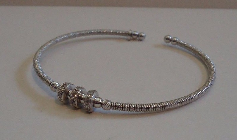 ITALIAN MADE OPEN BANGLE W/ ACCENTS / 18K WHITE GOLD OVER 925 STERLING SILVER
