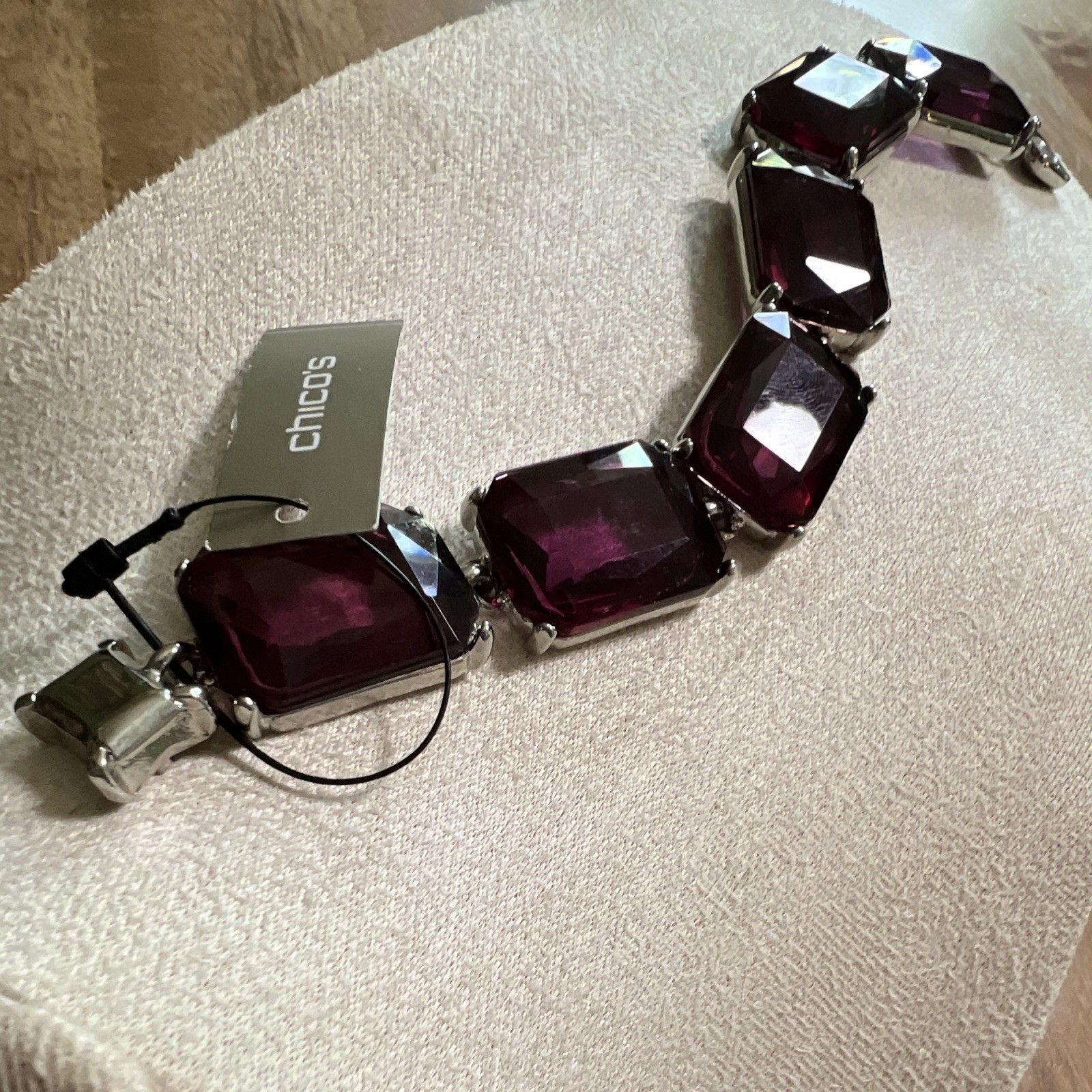 Chico’s Purple Rectangular Crystal Link Bracelet Silver Tone Magnetic 7 in