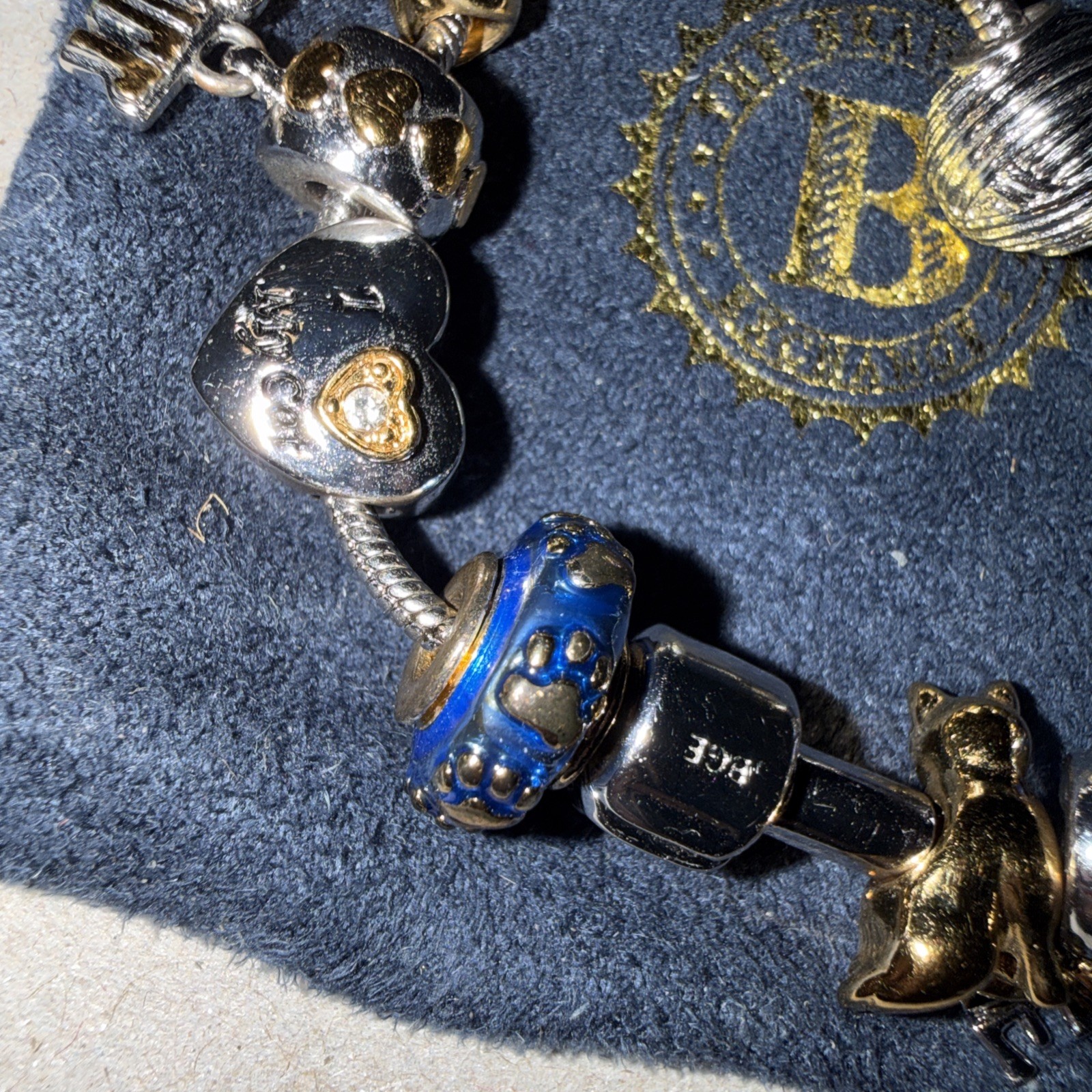 Bradford Exchange Cat Theme Charm Bracelet Gold/Silver Tone & Blue Purr Love