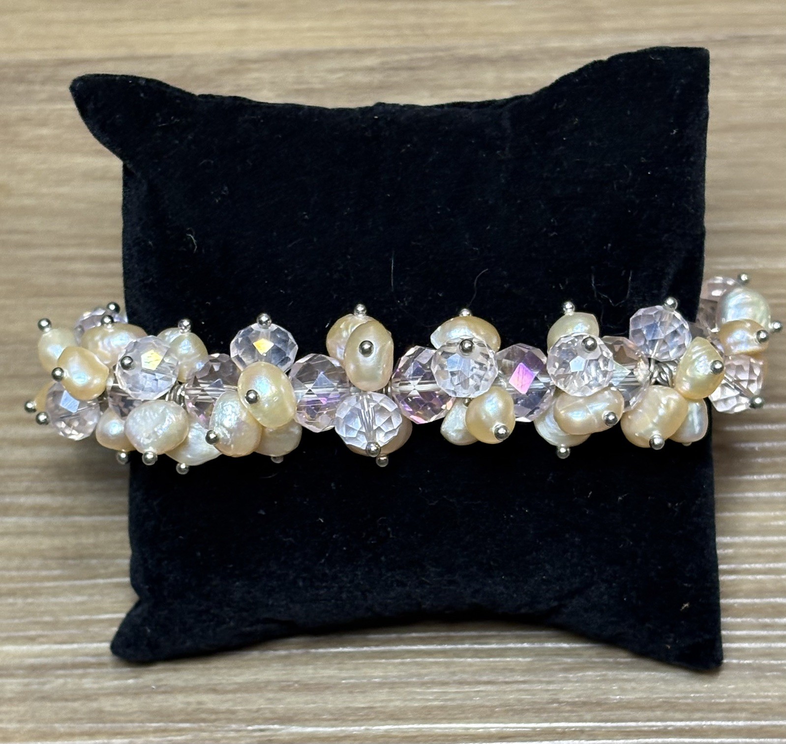 Real Freshwater Peach Pearl & Faceted Pink Crystal Cluster Stretch Bracelet EUC