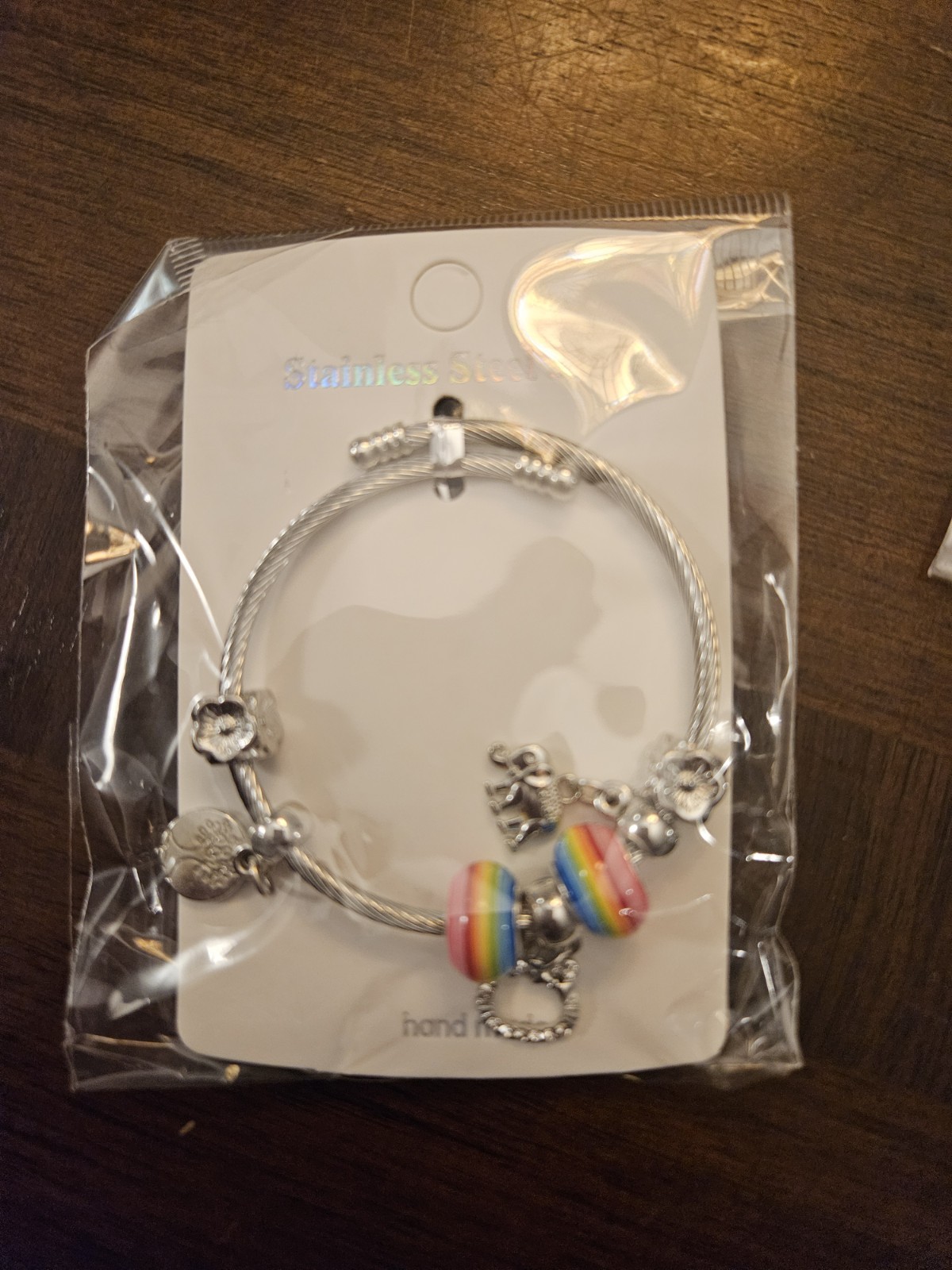 Charm Beaded Bracelet Silver Multicolor Adjustable Stainless Steel Dangle
