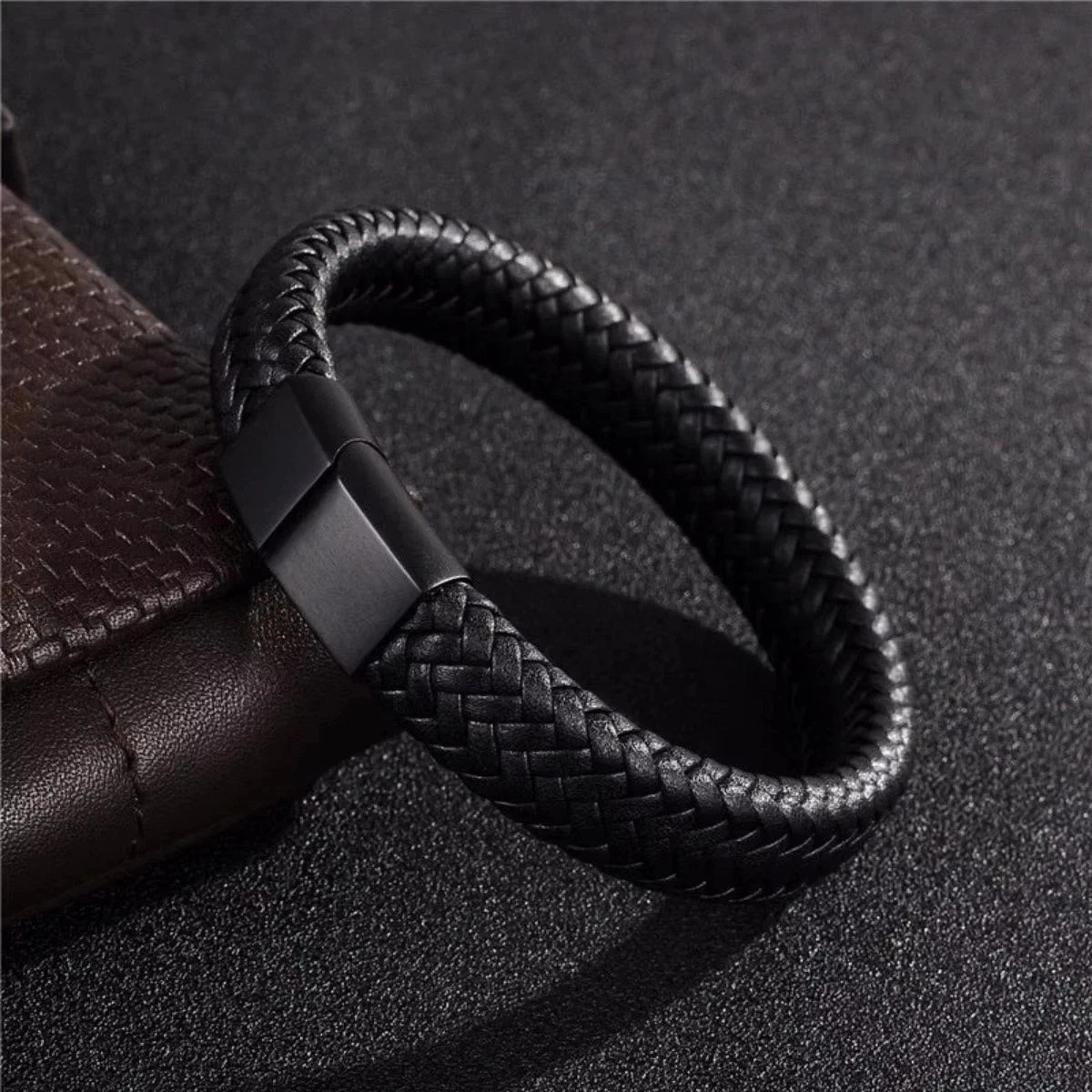 Black Bracelet Men’s Braided Leather Bangle Stainless Steel Cuff Wristband USA