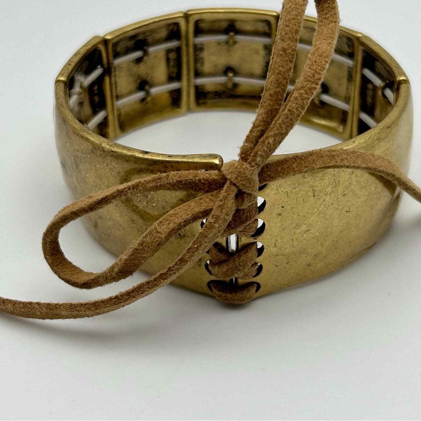 Boho Gold Tone Square Stretch Bracelet with Leather Lace Tie Up Design