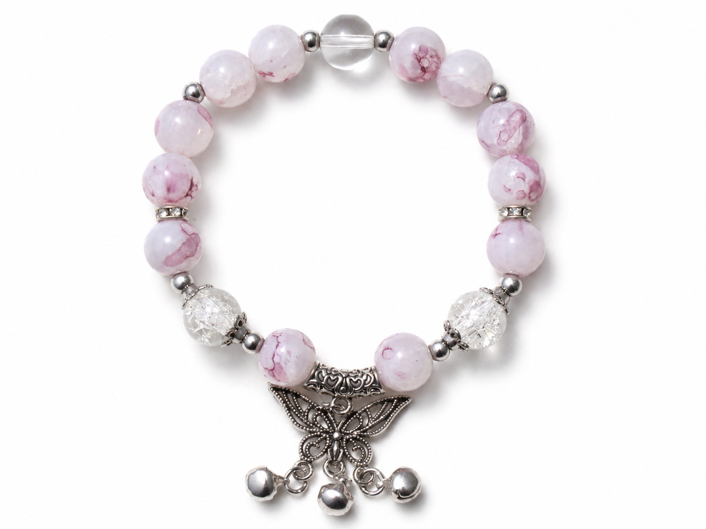 Lavender Bead Stretch Bracelet w/ Silver Butterfly Bell Charm Gift for Her