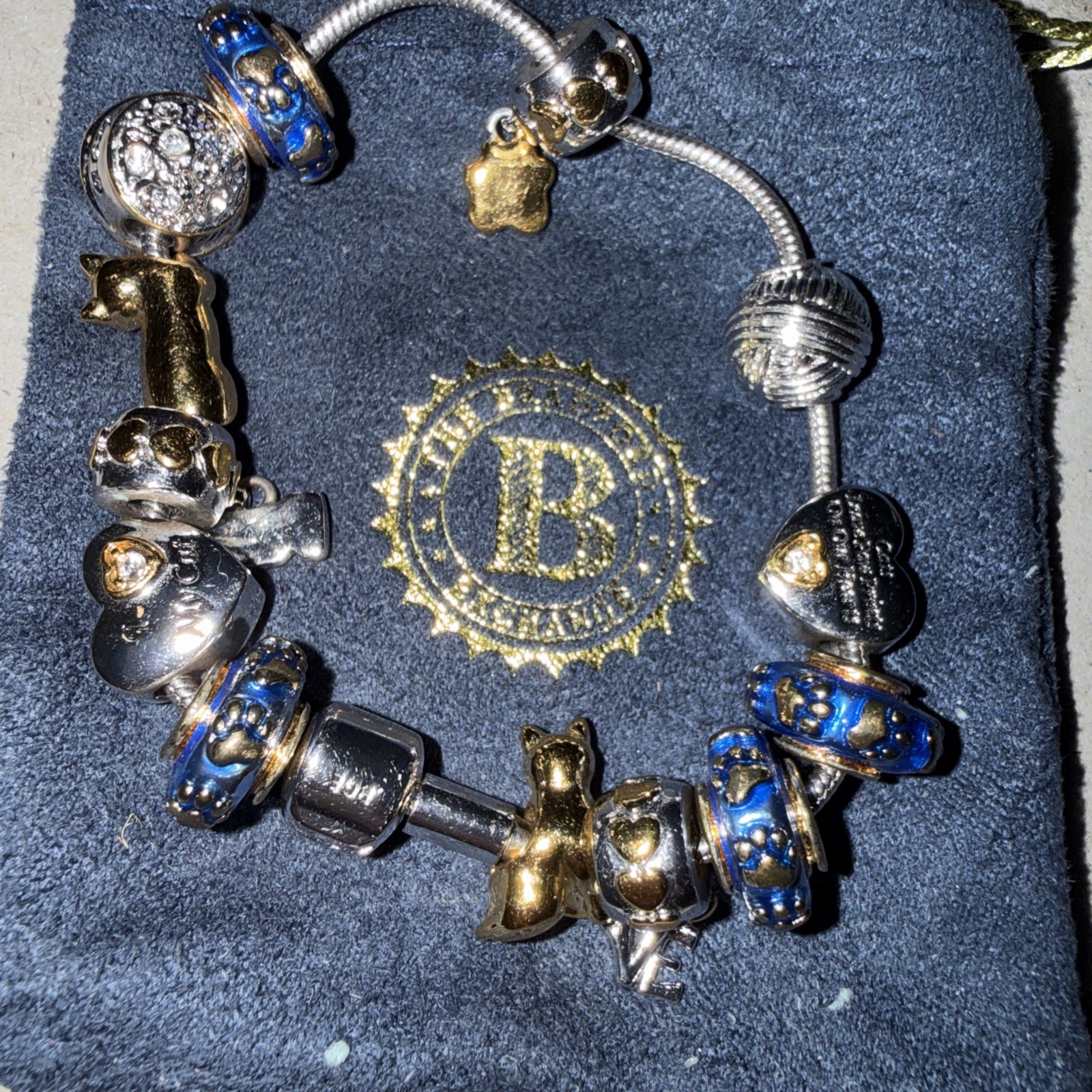 Bradford Exchange Cat Theme Charm Bracelet Gold/Silver Tone & Blue Purr Love