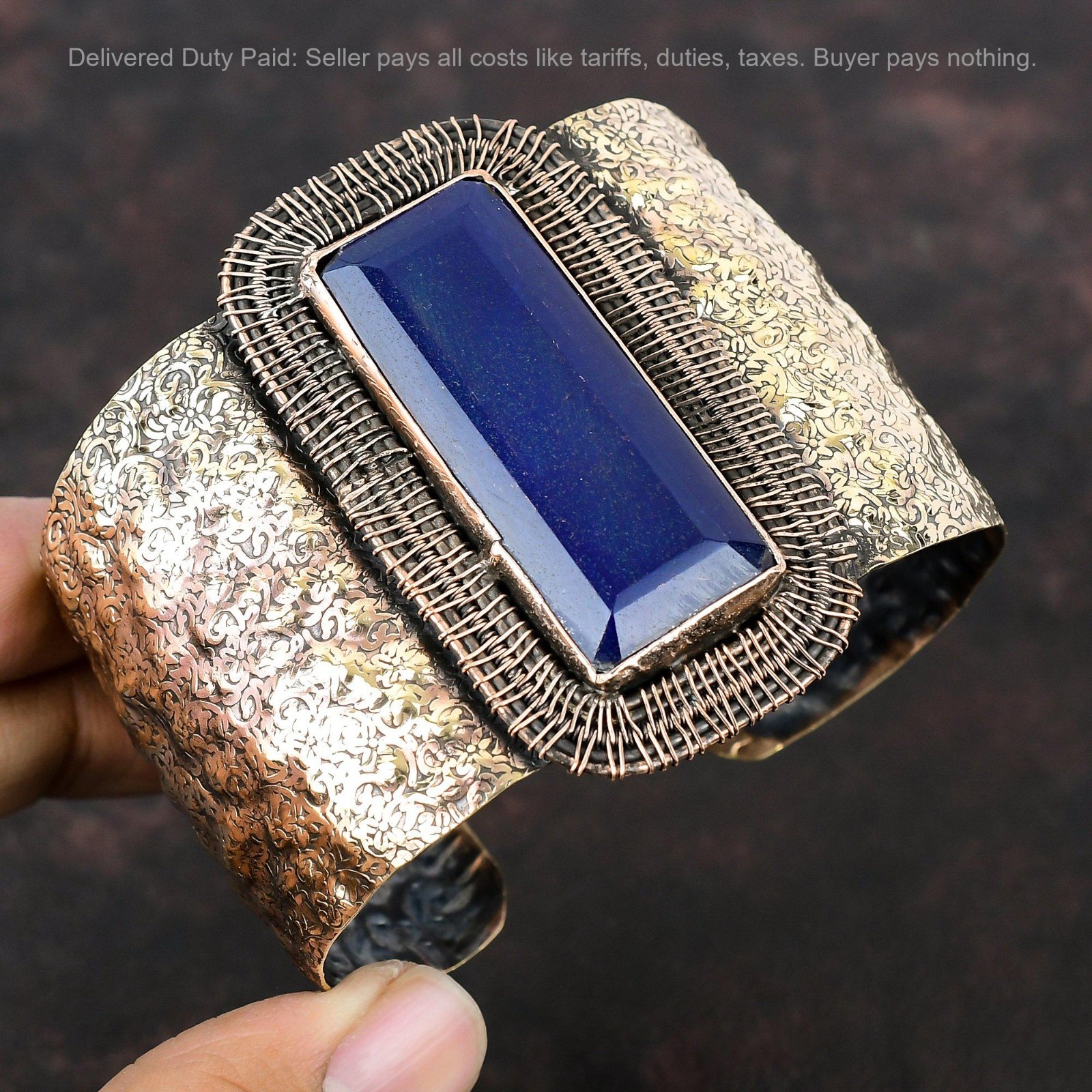 Thanks Giving Day Deal Blue Saphire Gemstone Wire Wrapped Bangle Jewelry Copper