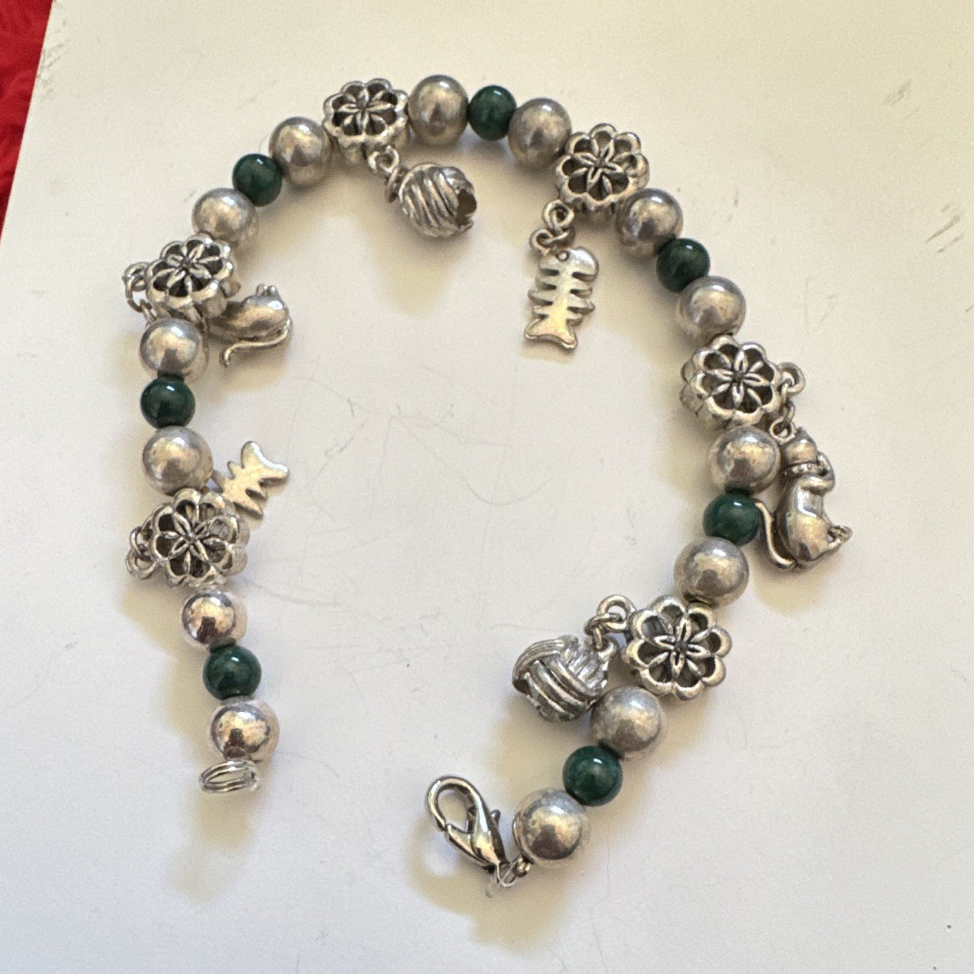 Vintage Cat Charm Bracelet Green Beads Yarn Ball Fish Bone Silvertone Boho