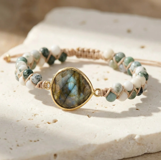 Natural Labradorite Moss Agate Beaded Stone Healing Calming Women Bracelet Gift