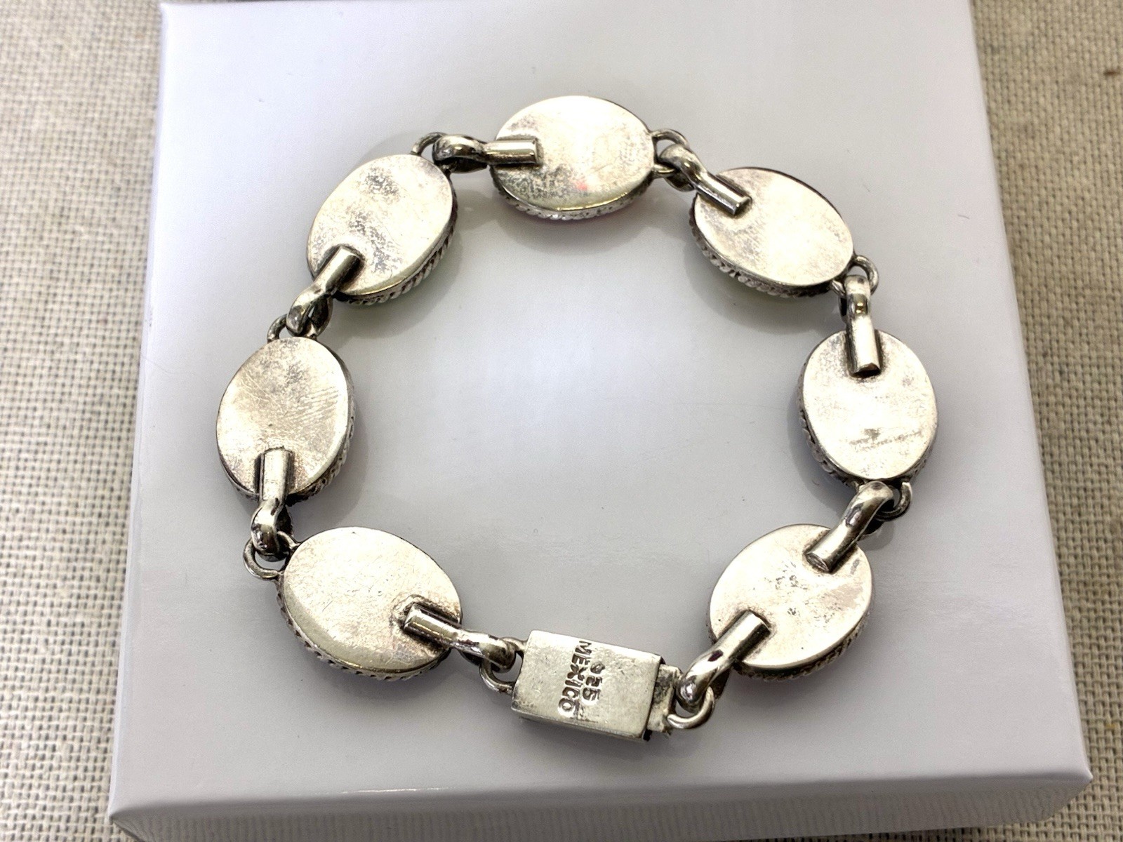 925 Sterling Silver Mexico Multicolor Cat Eye Link Bracelet 7.5” Colorful