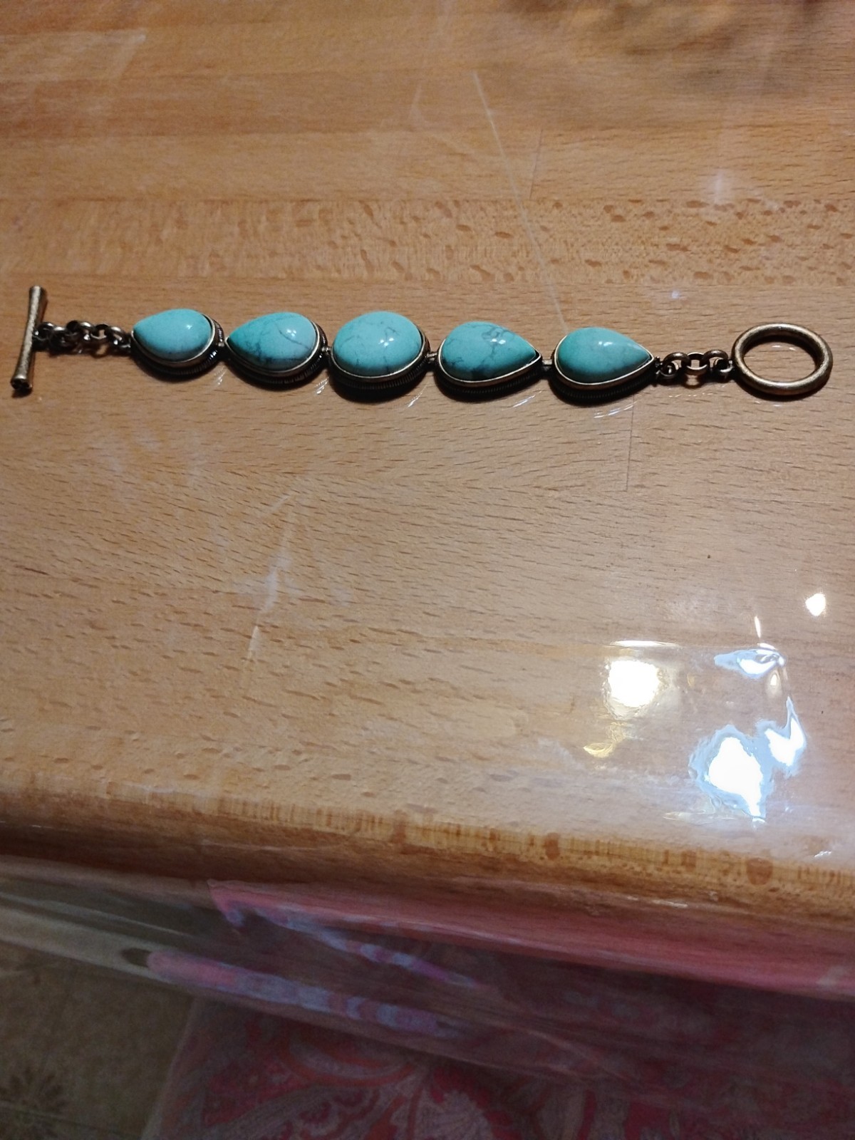 Lucky Brand Green Cabochon Beaded Stone Antiqued Brass Toggle Chain Bracelet