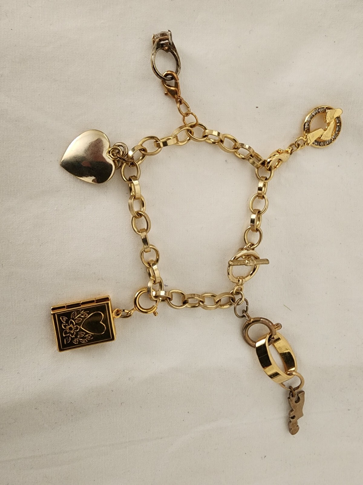 Gold Tone Chain Link Engagement Bracelet Heart Dangle Yes, Locket, Ring Charms