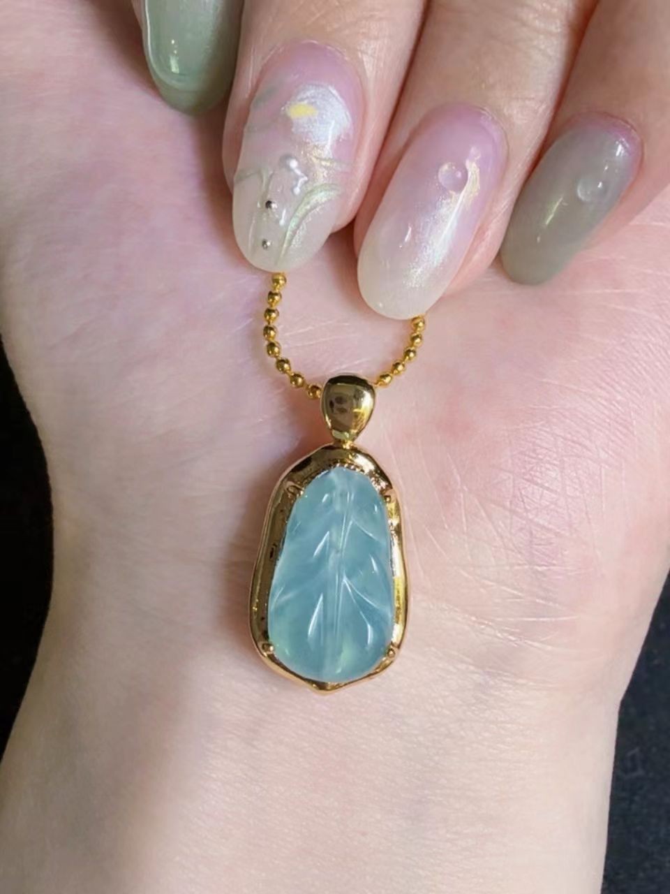 Beautiful Natural jadeite sky blue leaf shape pendant