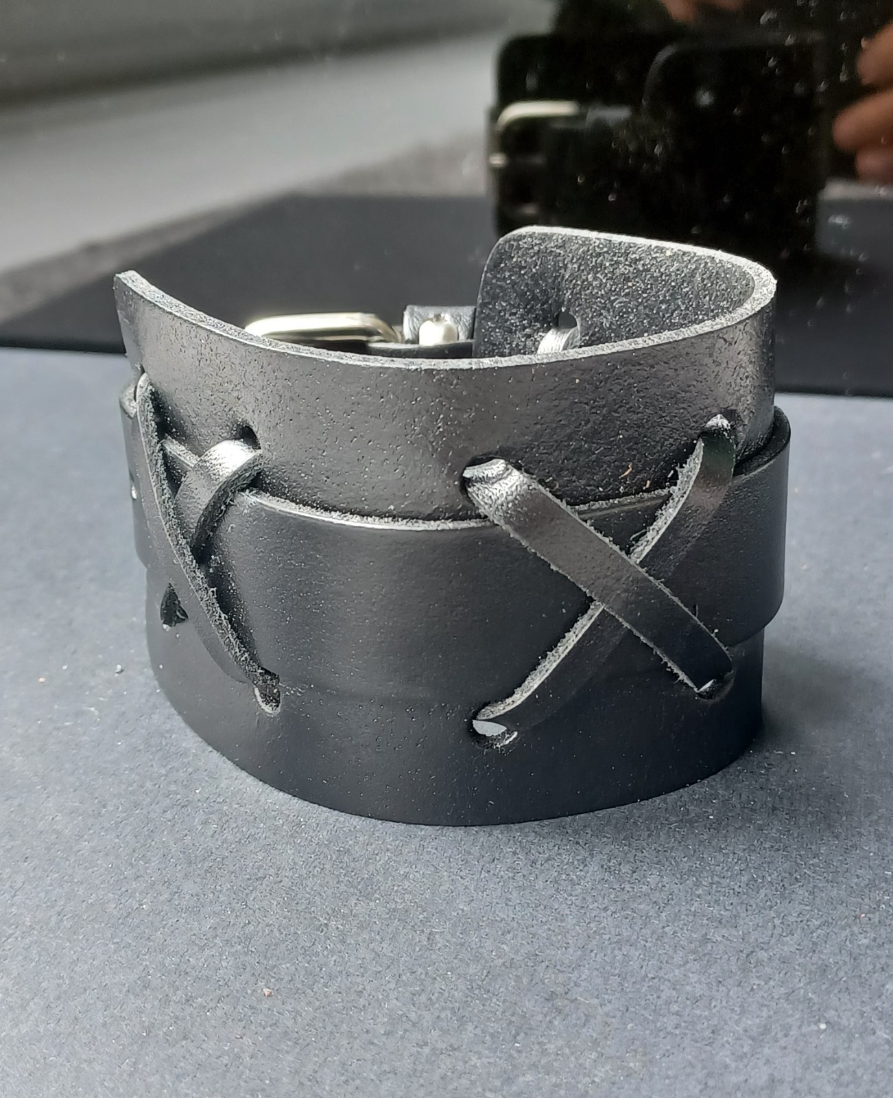 Men’s Black Leather Wide Cuff Bracelet Lace Up Gothic Punk Biker Wristband