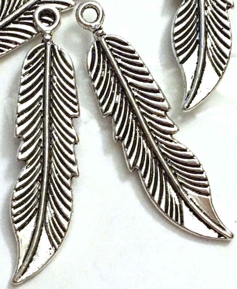 6 Feather Charms Antique Silver Pewter Bohemian Boho Pendants 46x10mm