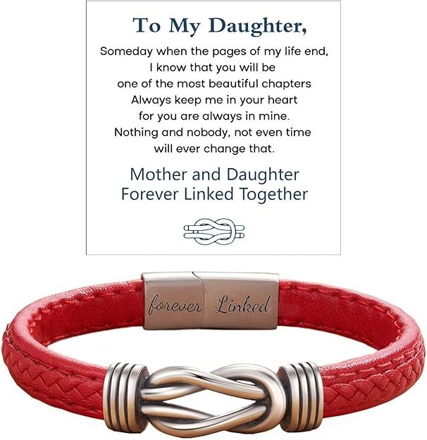 Handmade Bracelet To My Daughter Wristband 8.5″ Leather Knot Bracelet, Red
