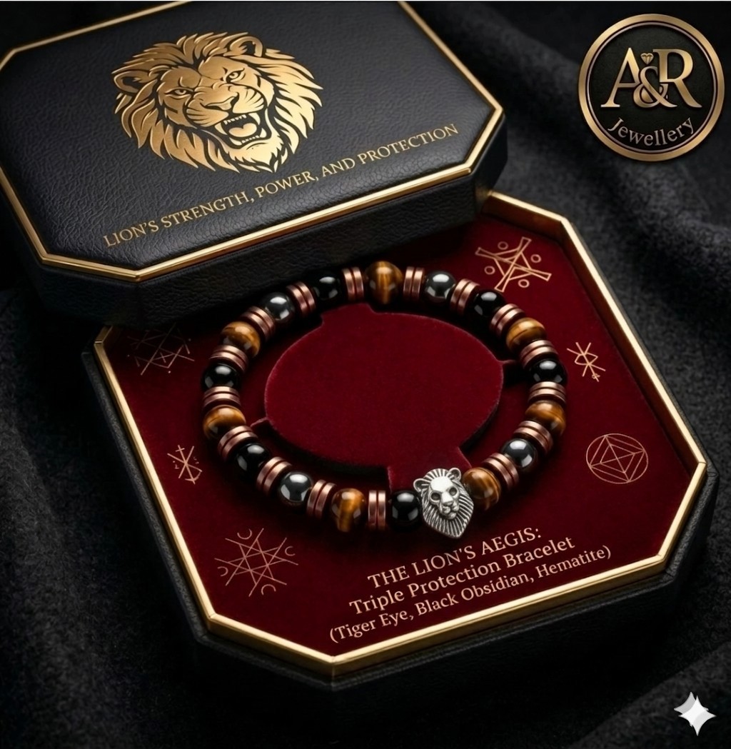 Triple Protection Bracelet Tiger Eye Hematite Black Obsidian Lion 14-20cm