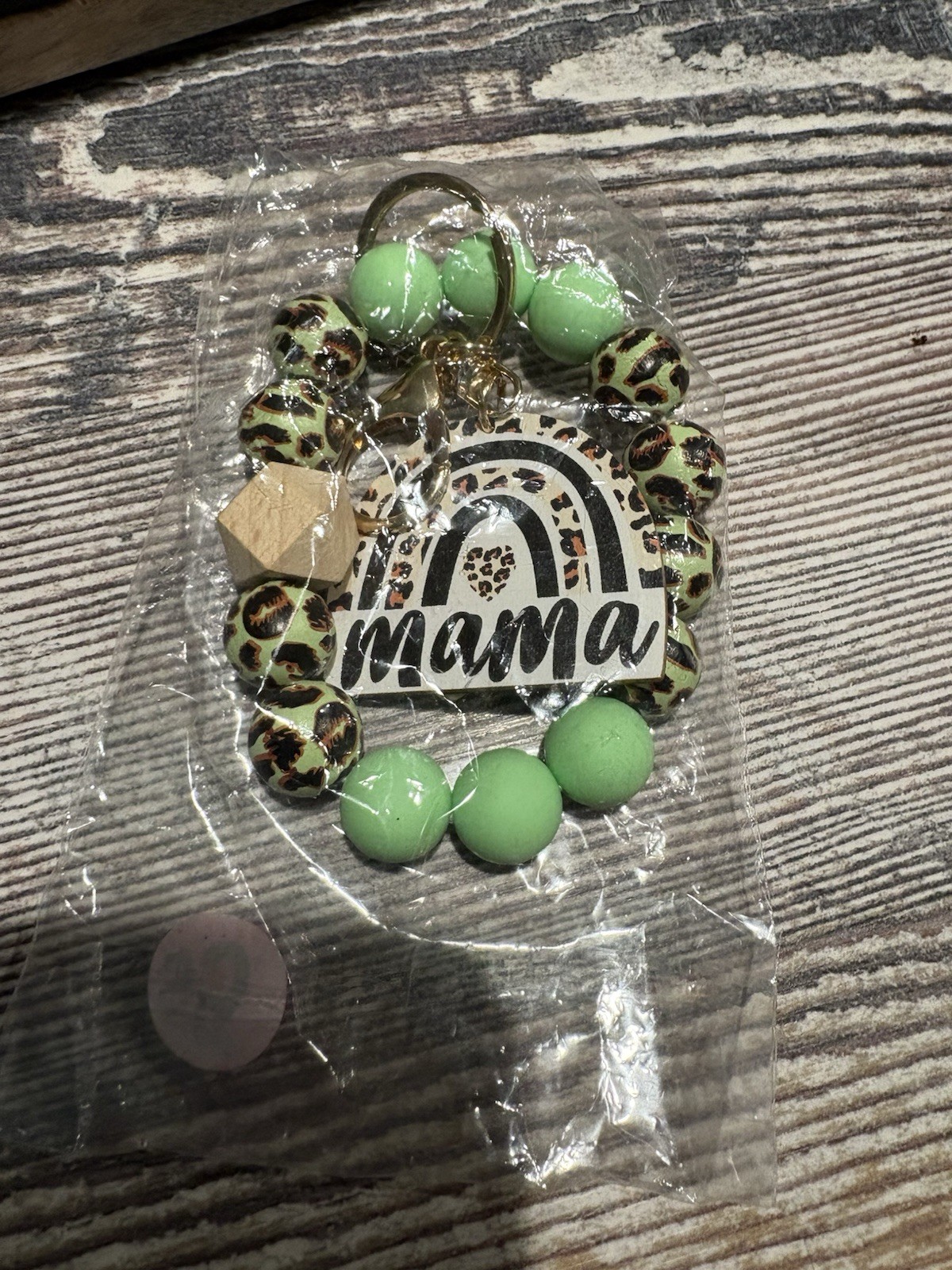 Beaded Charm Bracelet with Dangle “Mama” Charm, Green & Multicolor Acrylic Beads