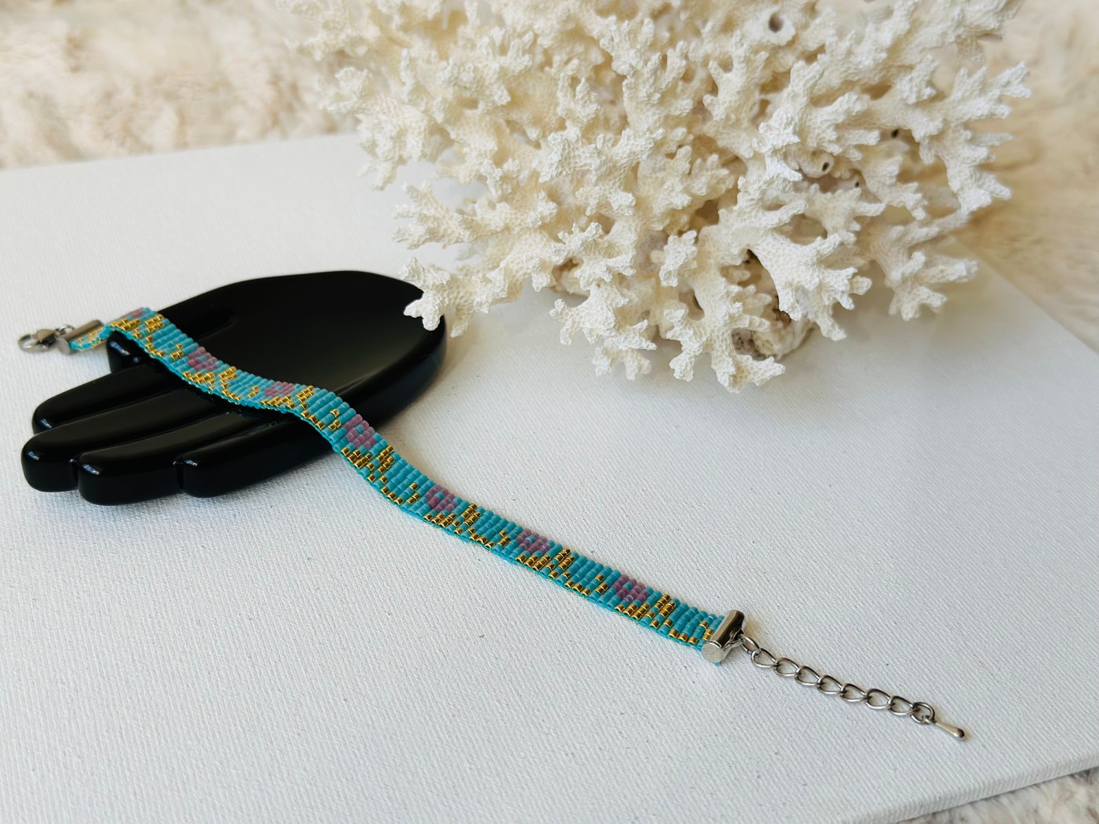 Floral Bead Loom Bracelet, Handmade Turquosie Gold Miyuki Beaded Bracelet, 9 mm