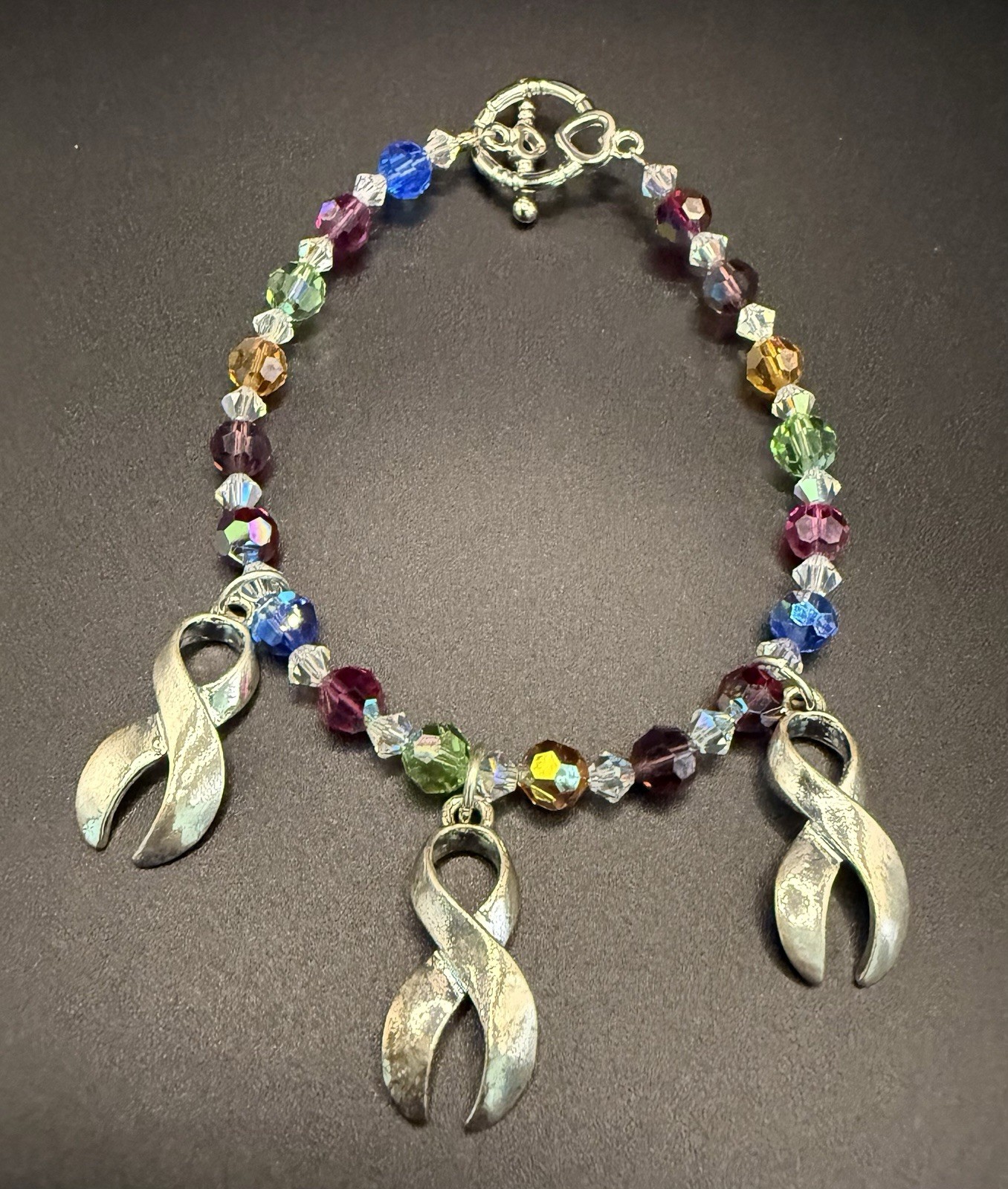 Swarovski Crystal Bead Cancer Bracelet Multi Color With Cancer Ribbon Charms