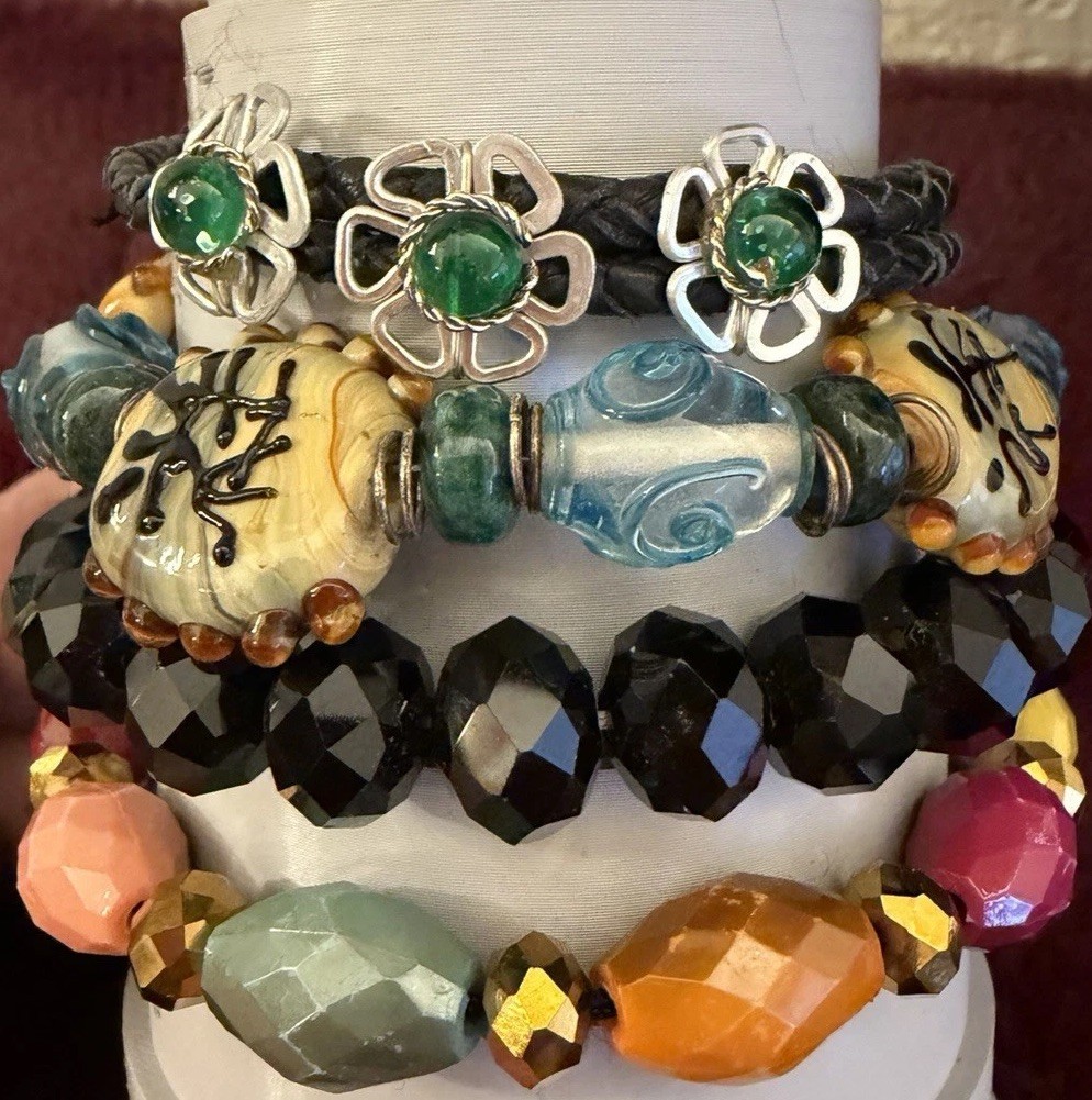 Lot of 4 Very Nice Beaded bracelets, glass stone, AB beads. Heavy