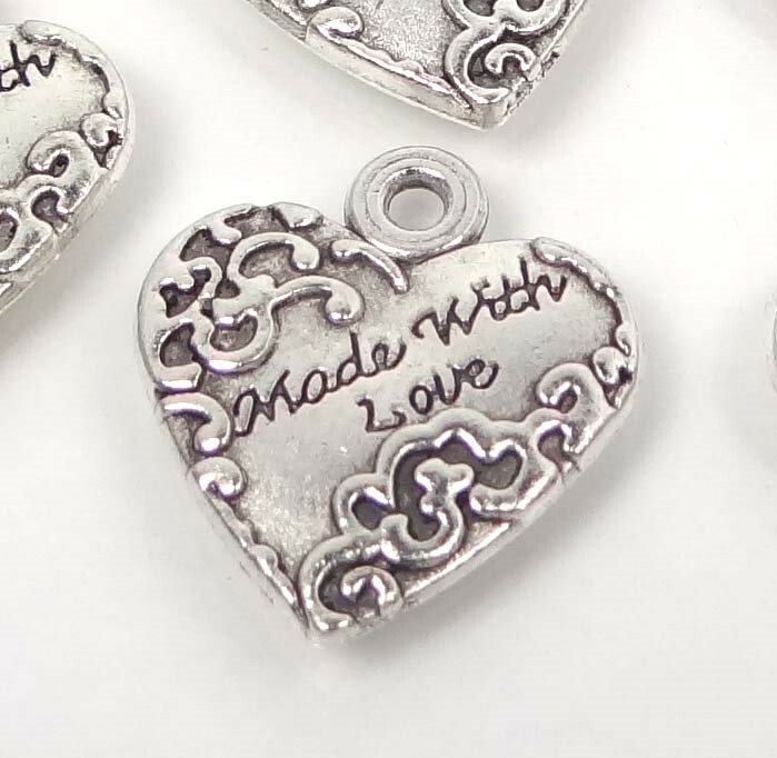 8 Made With Love Heart Antique Silver Pewter Valentine Pendants Tag 19x17mm