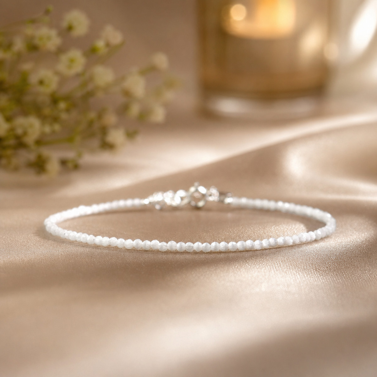 Natural Selenite 2mm Tiny Bead Minimalist Healing Bracelet Sterling Silver Gift