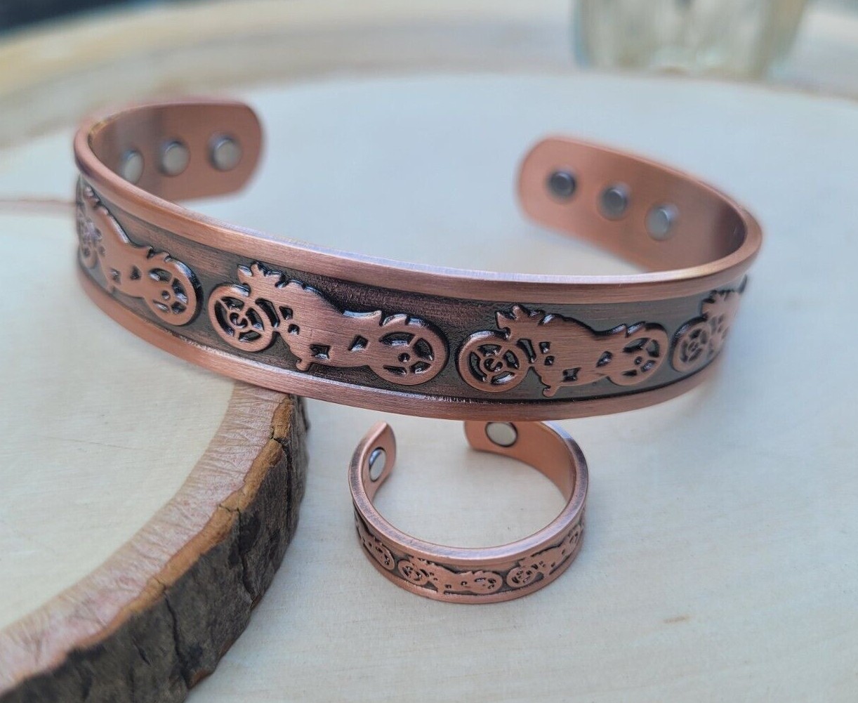 Solid Copper Magnetic Bracelet Ring Set Arthritis Cuff Ring Set Motorcycle