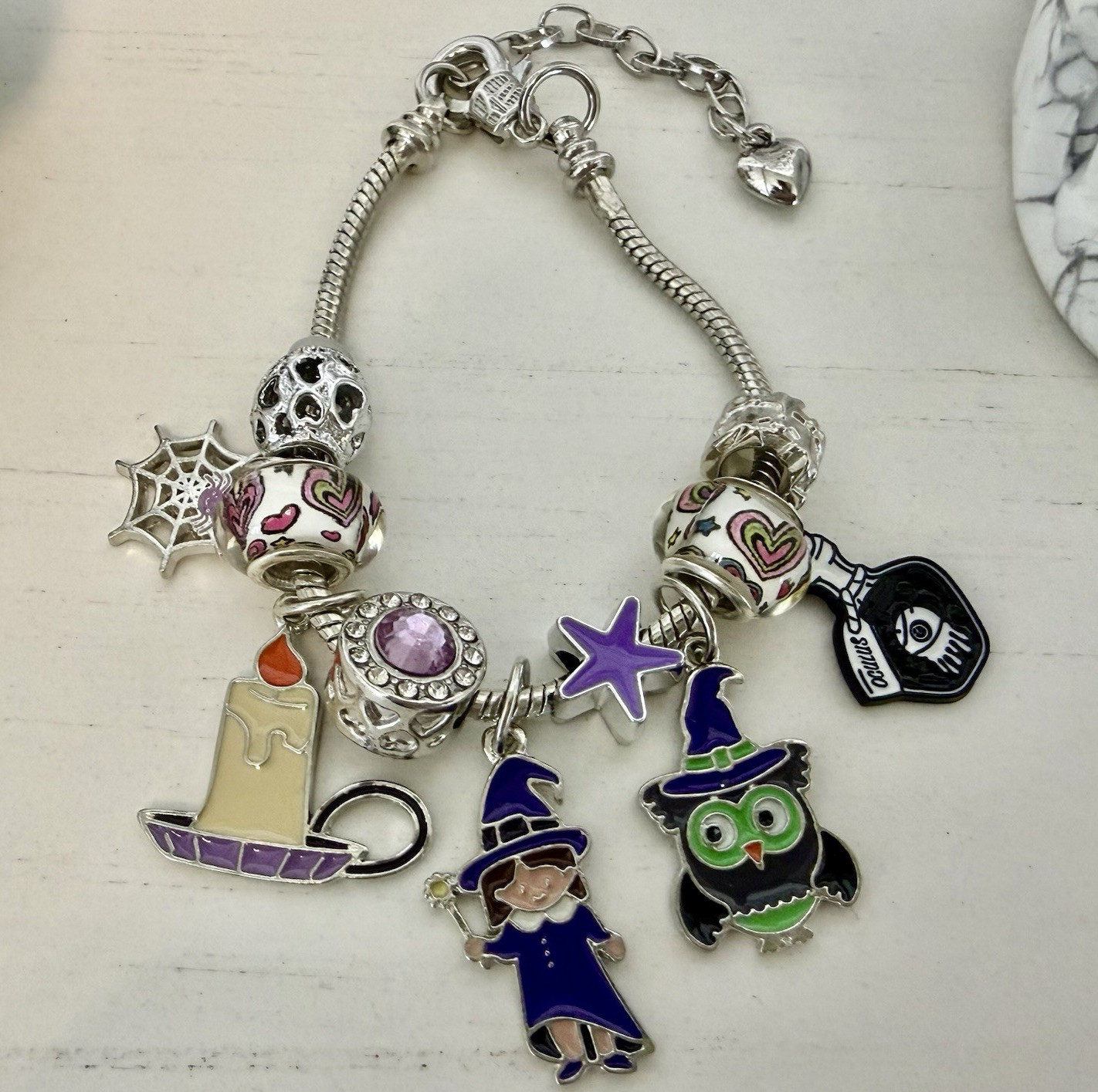 Silver Tone Charm Bracelet Halloween Dangle Charms Purple Crystal Green Owl