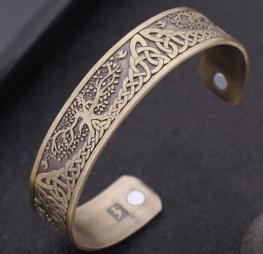 Viking Cuff–TREE OF LIFE ~ Zinc Alloy Magnetic Bangle Bracelet ~ Antique Gold