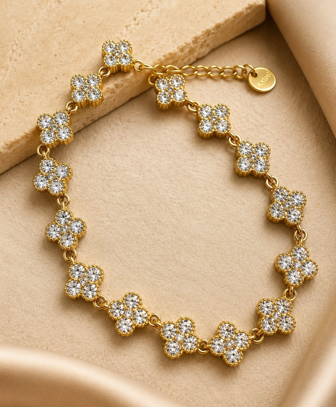 18k Gold plated Stainless Steel Flower Cable Chain Bracelet White CZ Adjustable