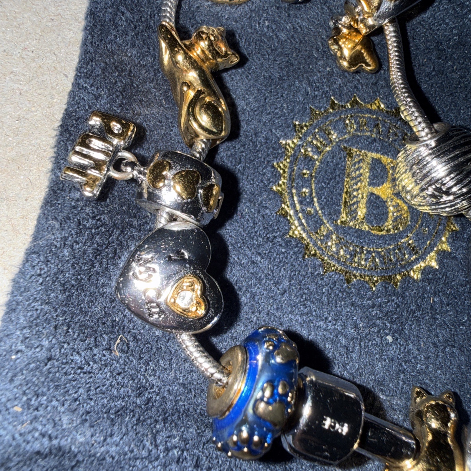 Bradford Exchange Cat Theme Charm Bracelet Gold/Silver Tone & Blue Purr Love