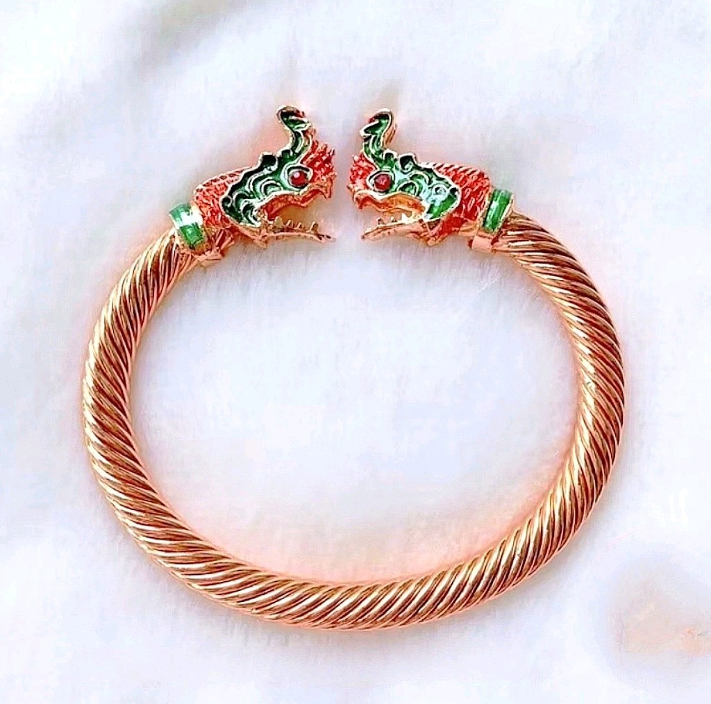 ​Thai Naga Dragon Bracelet 24K Rose Gold Plated Twisted Cuff Bangle Thai Amulet