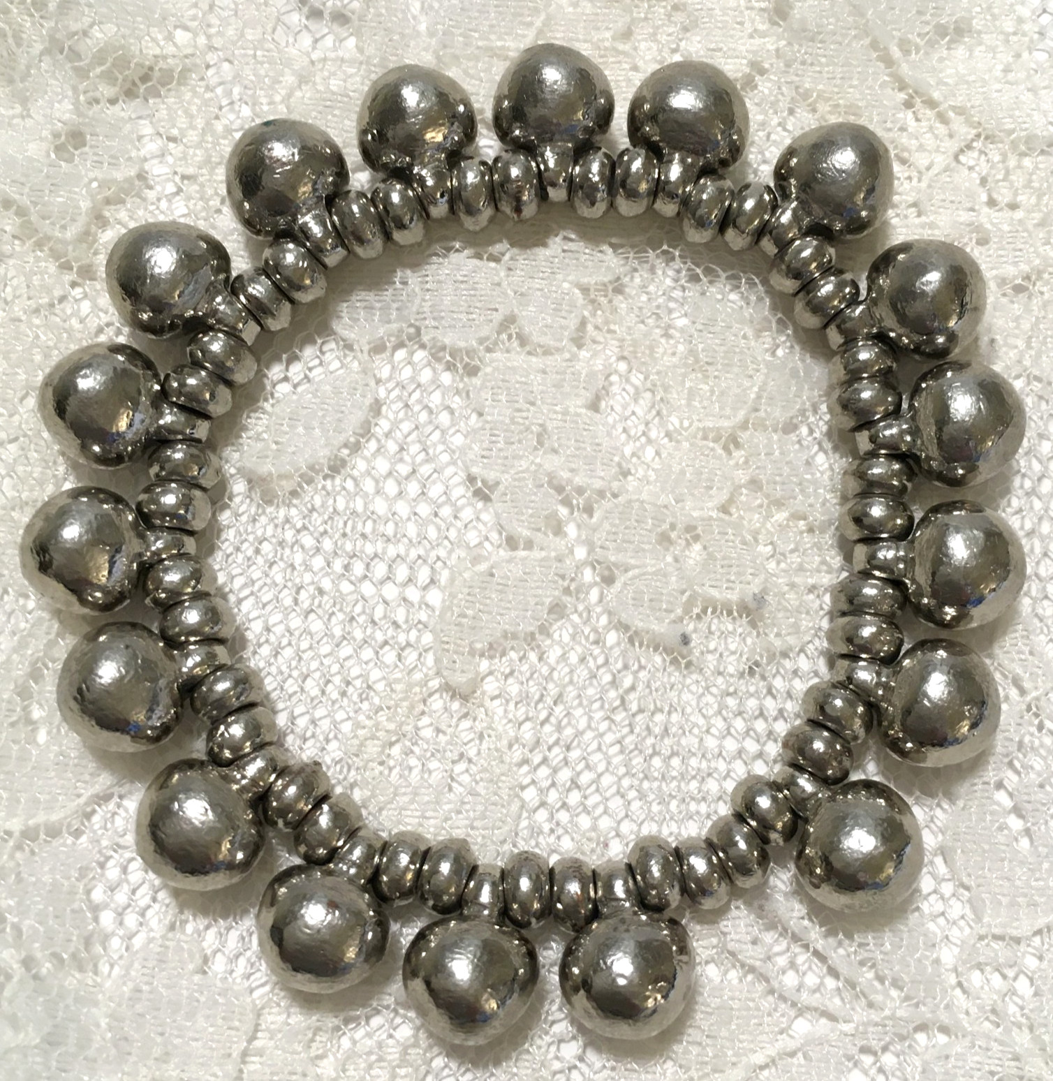 Metal Bead Silver Tone Stretch Bracelet Good Weight Statement Bracelet
